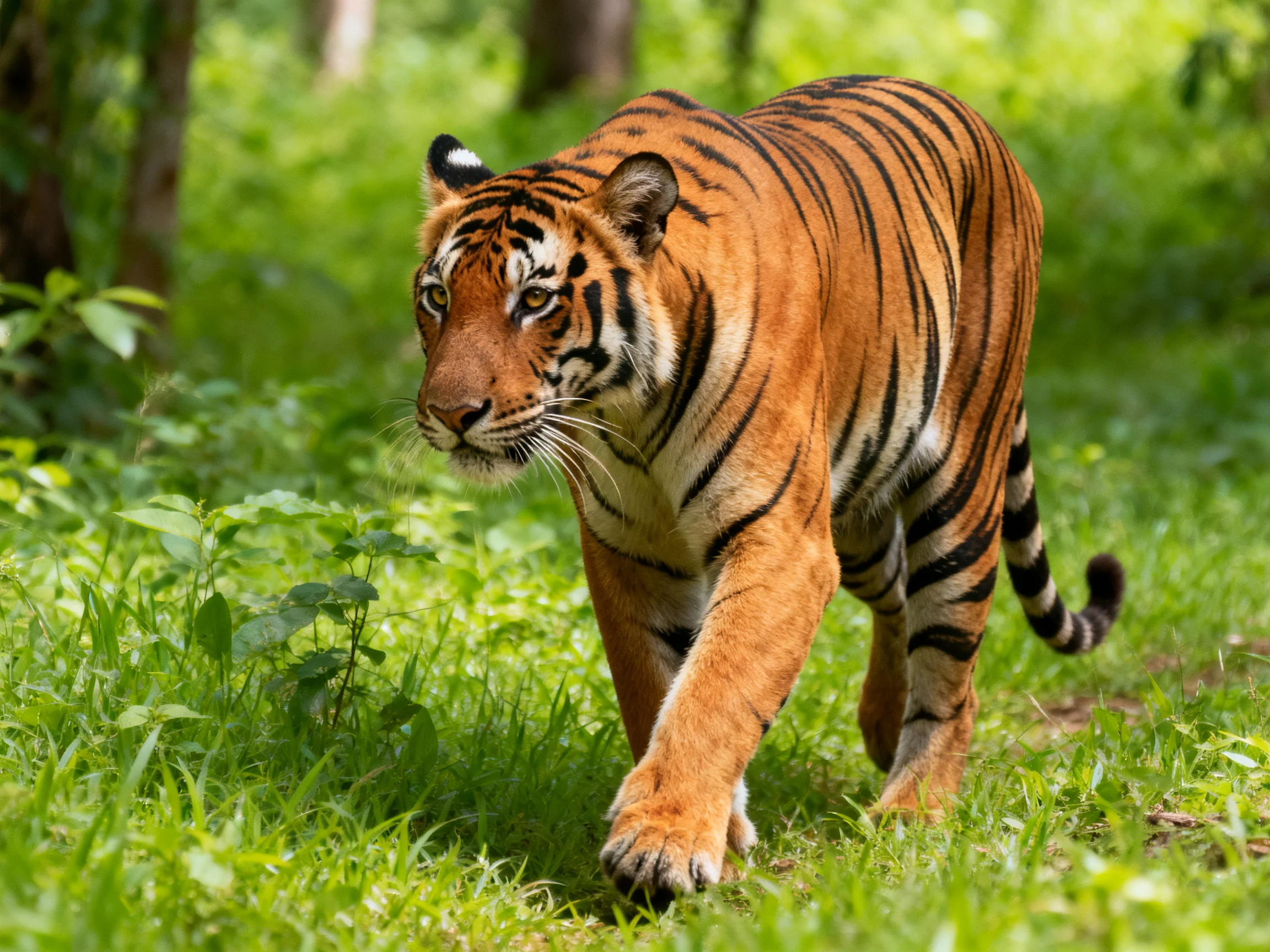 A majestic orange tiger with bold black stripes roams lush greenery