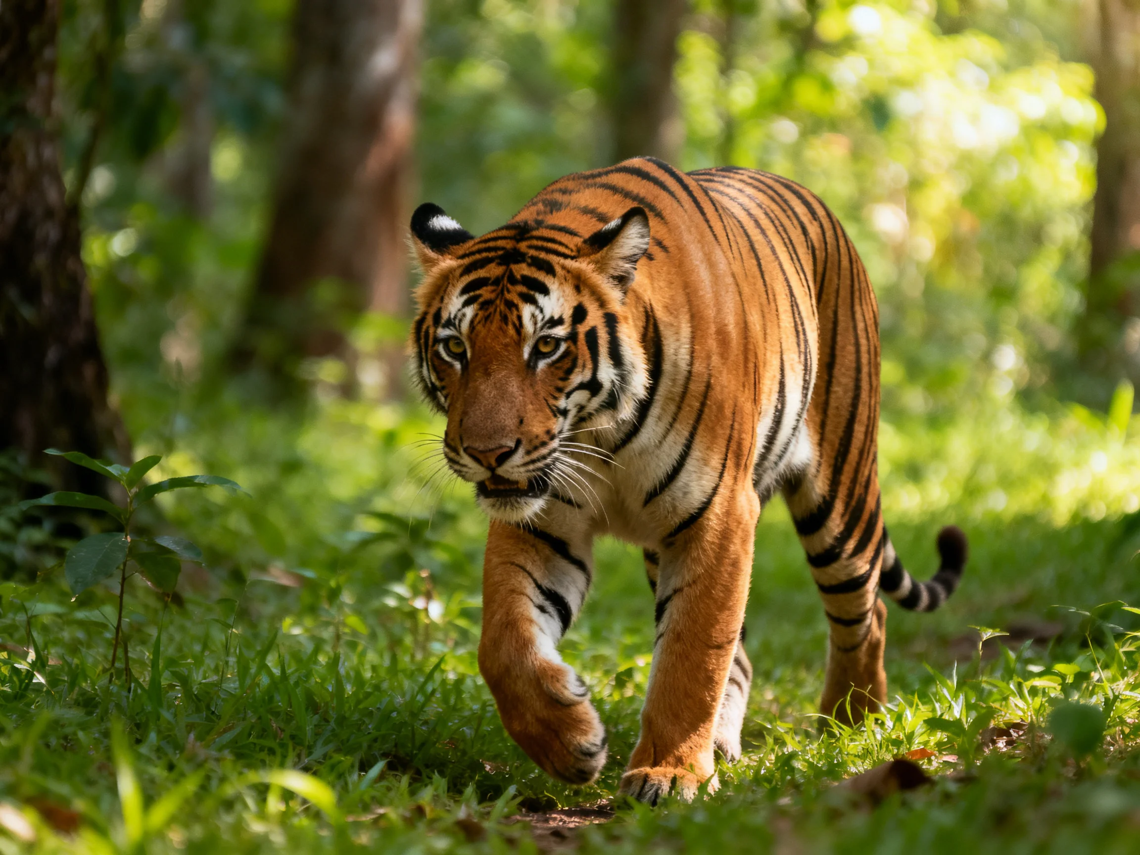 A majestic orange tiger with bold black stripes roams lush greenery