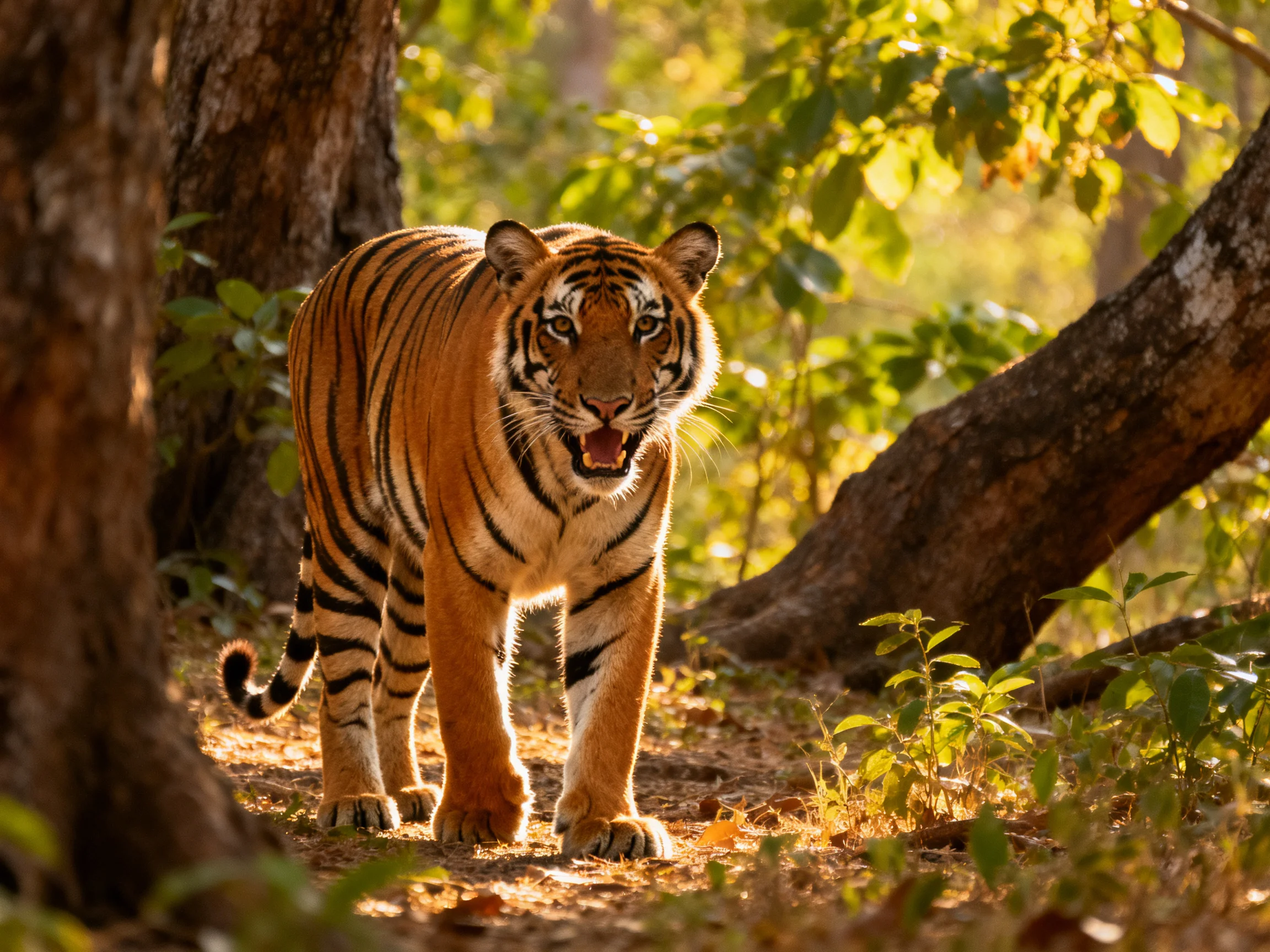 A majestic orange tiger with bold black stripes roams sunlit forest terrain