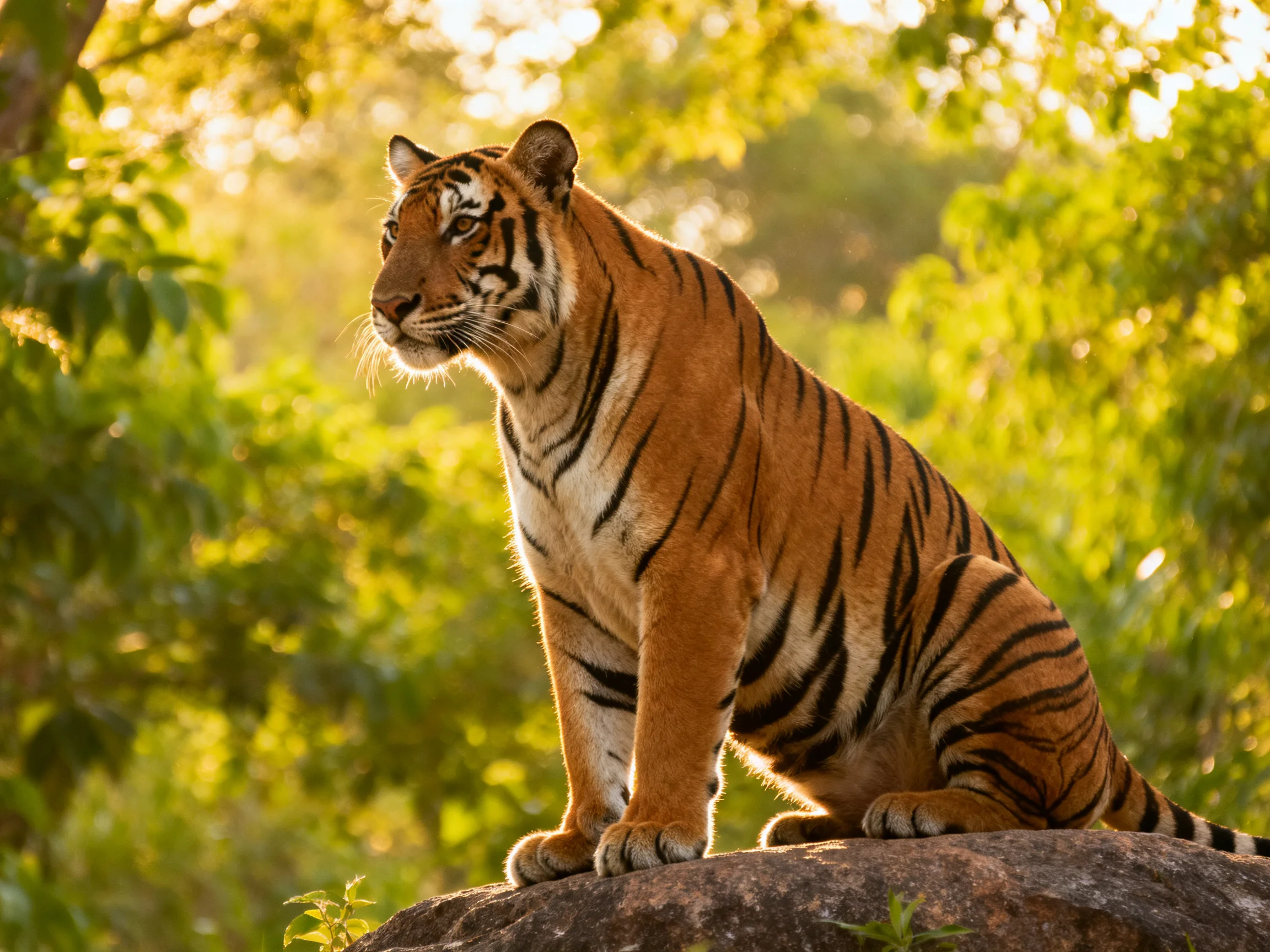A majestic orange tiger with bold black stripes sits atop a large rock amid lush greenery
