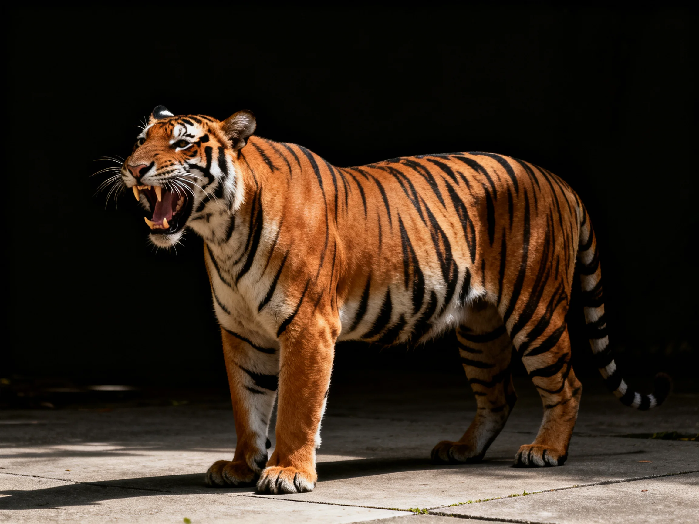 A majestic orange tiger with bold black stripes standing on concrete