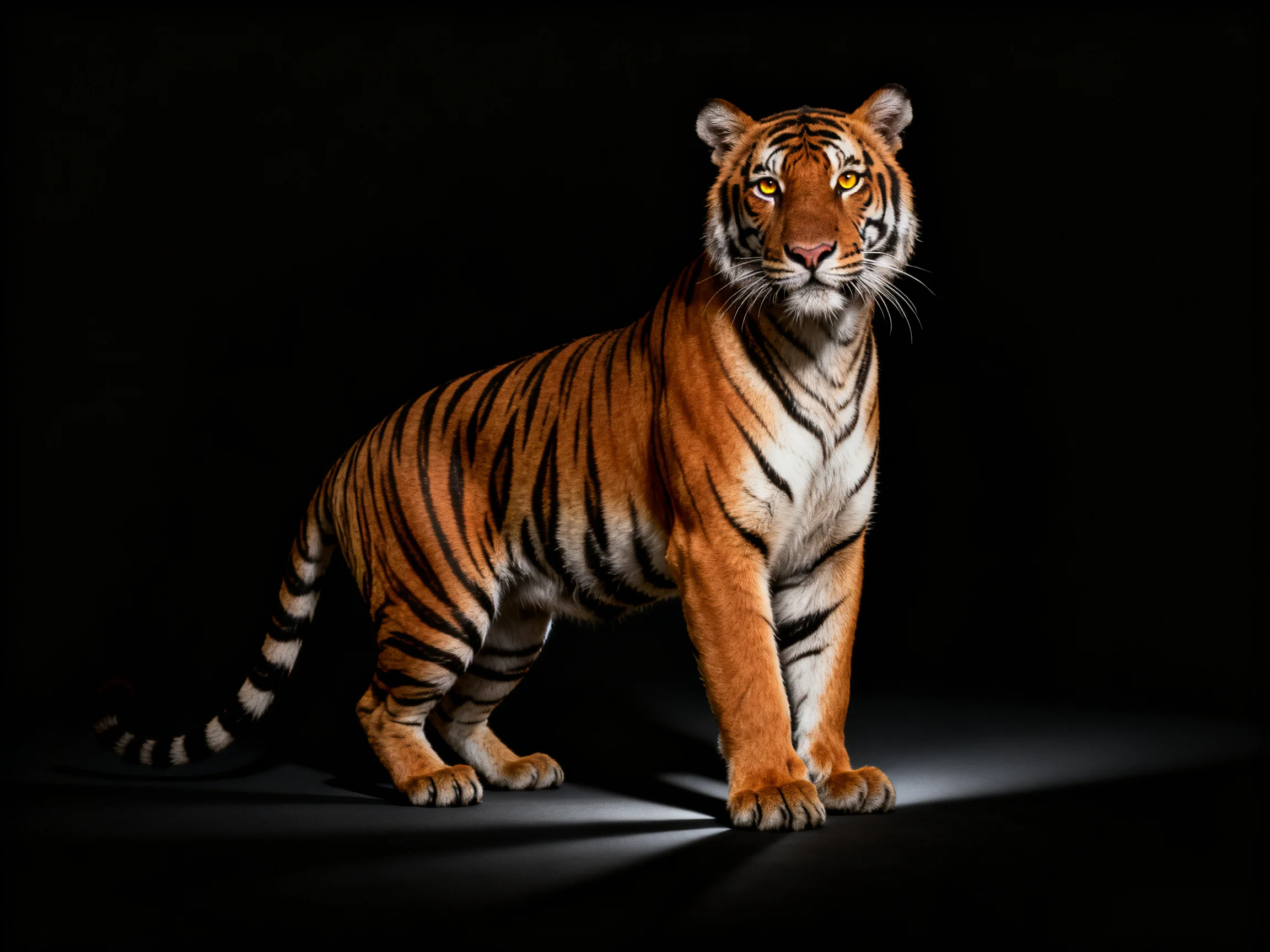 A majestic orange tiger with bold black stripes stands against a dark backdrop