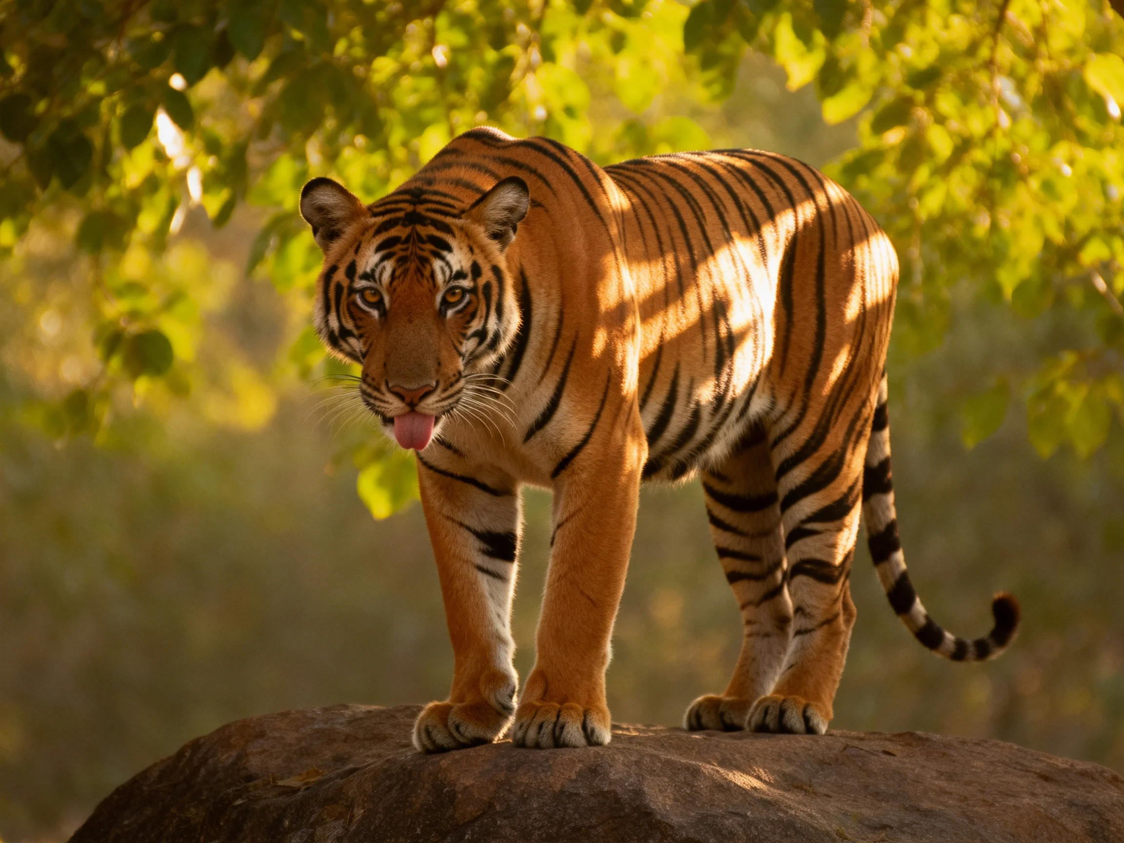 A majestic orange tiger with bold black stripes stands on a large rock in a sunlit forest.