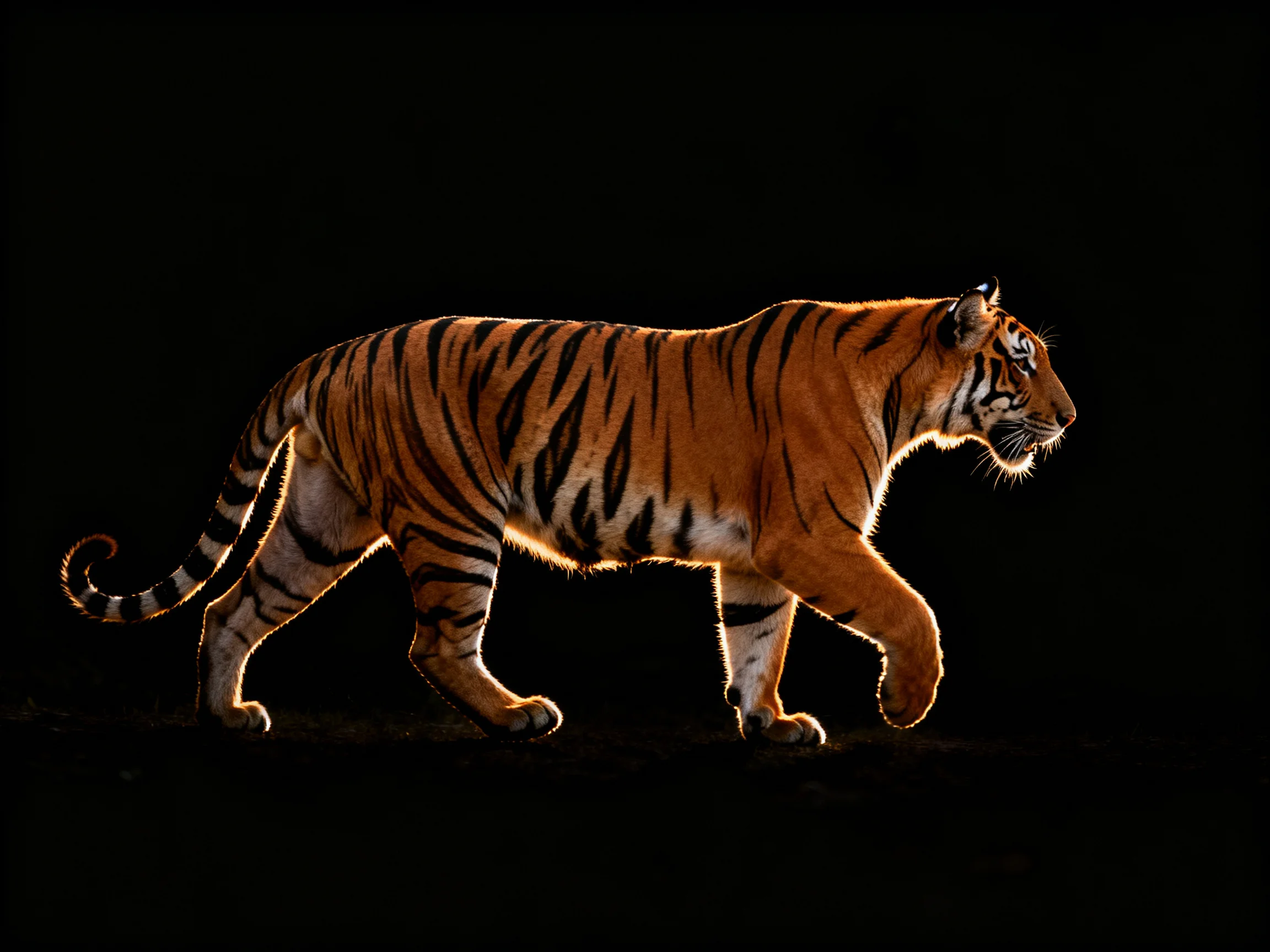 A majestic orange tiger with bold black stripes walking against a dark backdrop