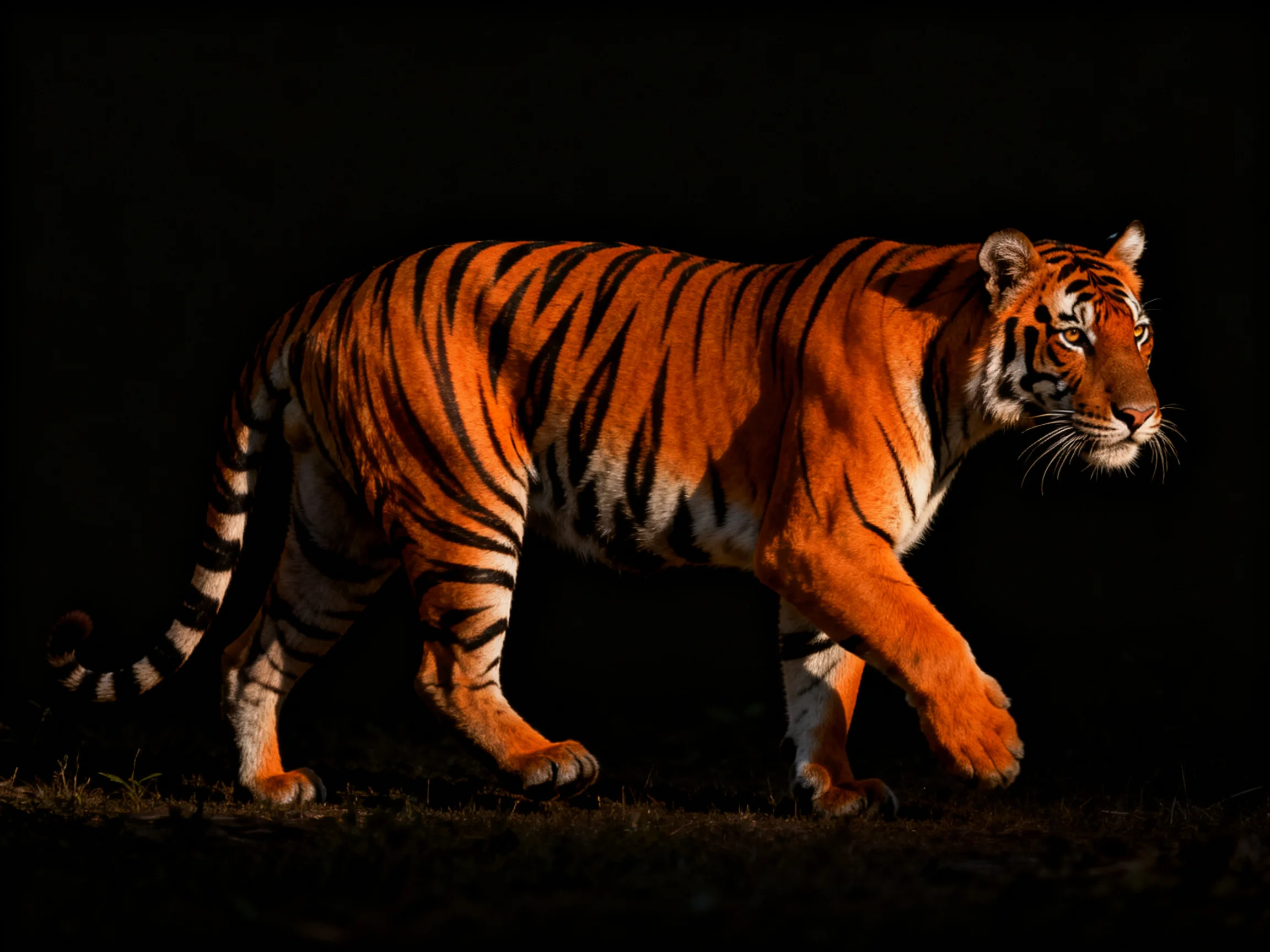 A majestic orange tiger with bold black stripes walking in low light