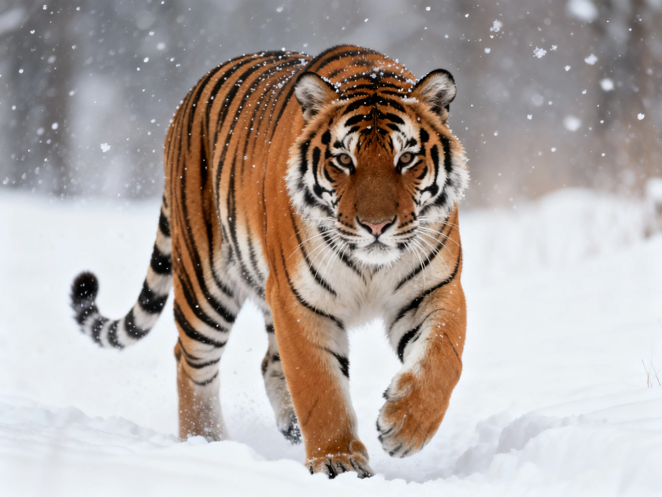 A majestic orange tiger with bold black stripes walks through deep snow