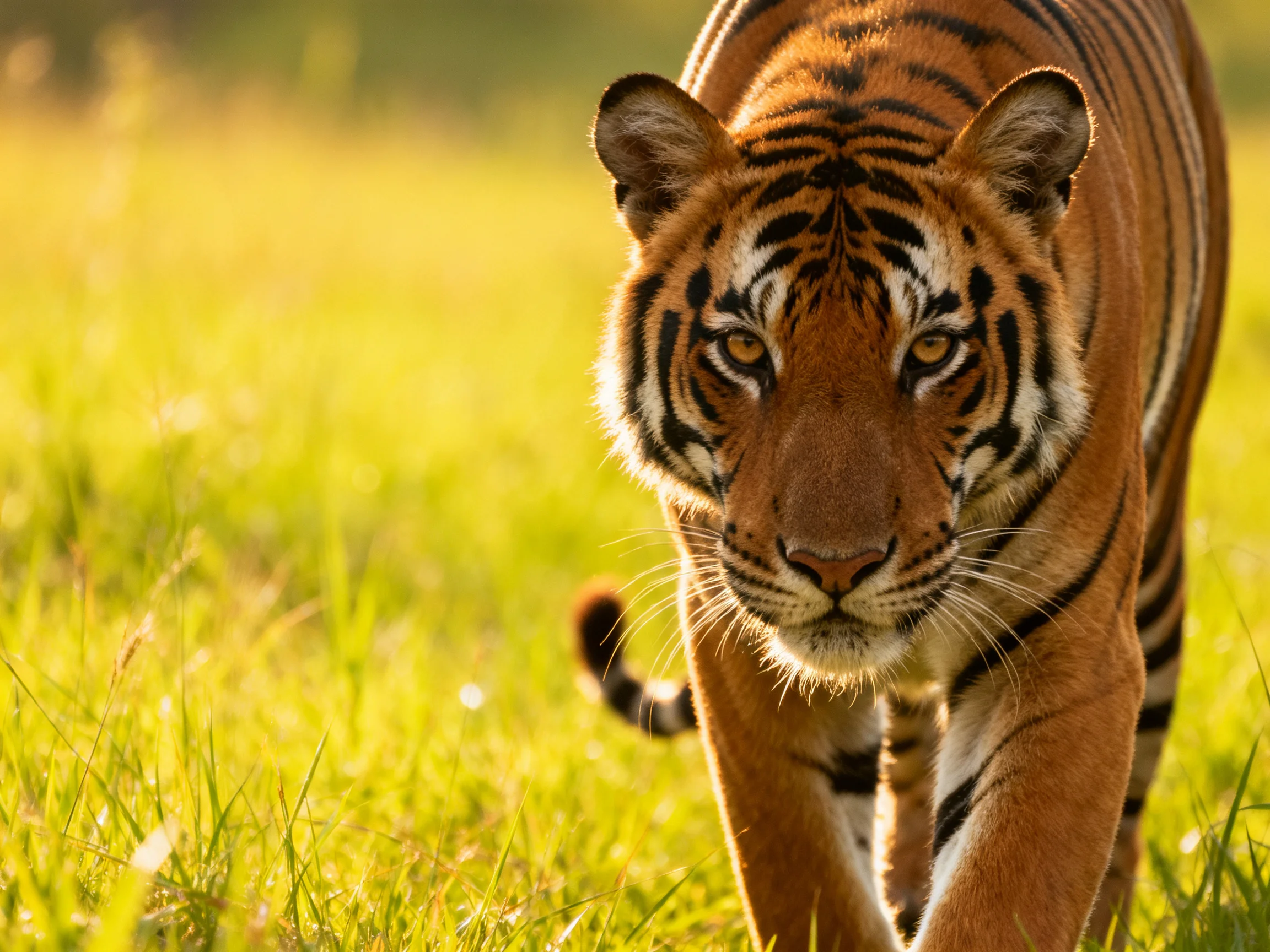 A majestic orange tiger with bold black stripes walks through lush green grass
