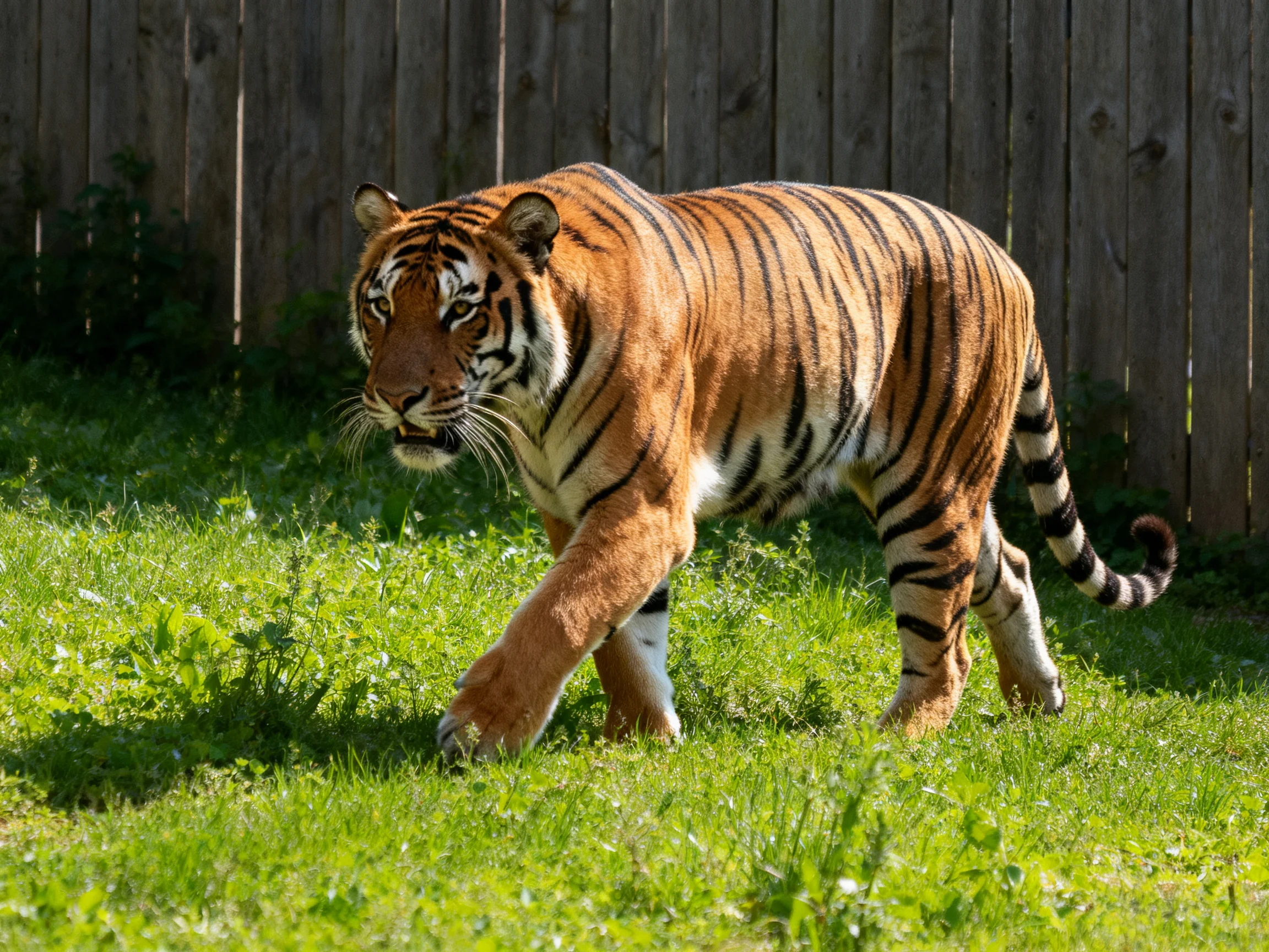 A majestic orange tiger with bold black stripes walks through lush green grass near a wooden fence