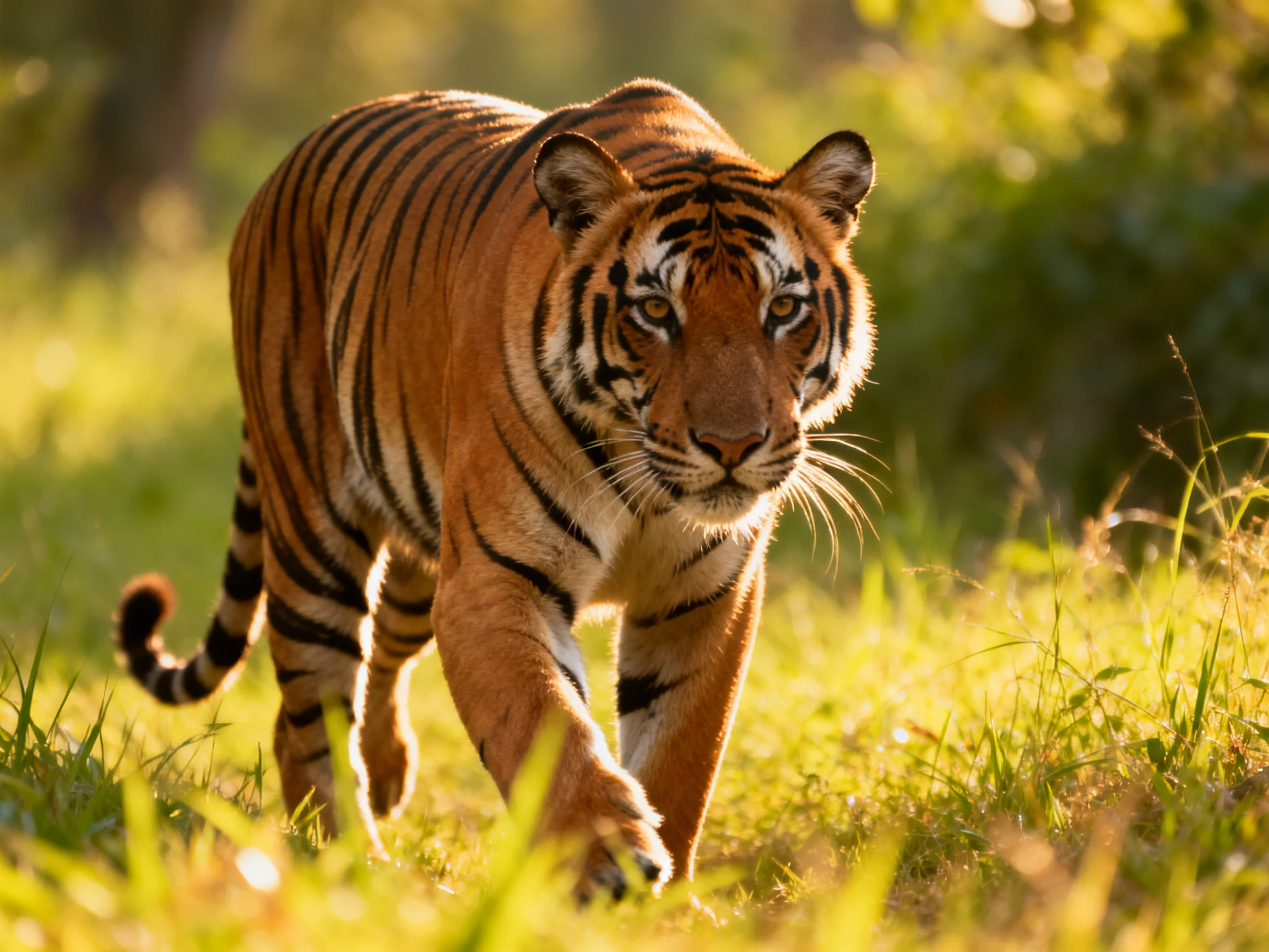 A majestic orange tiger with bold black stripes walks through sunlit grass