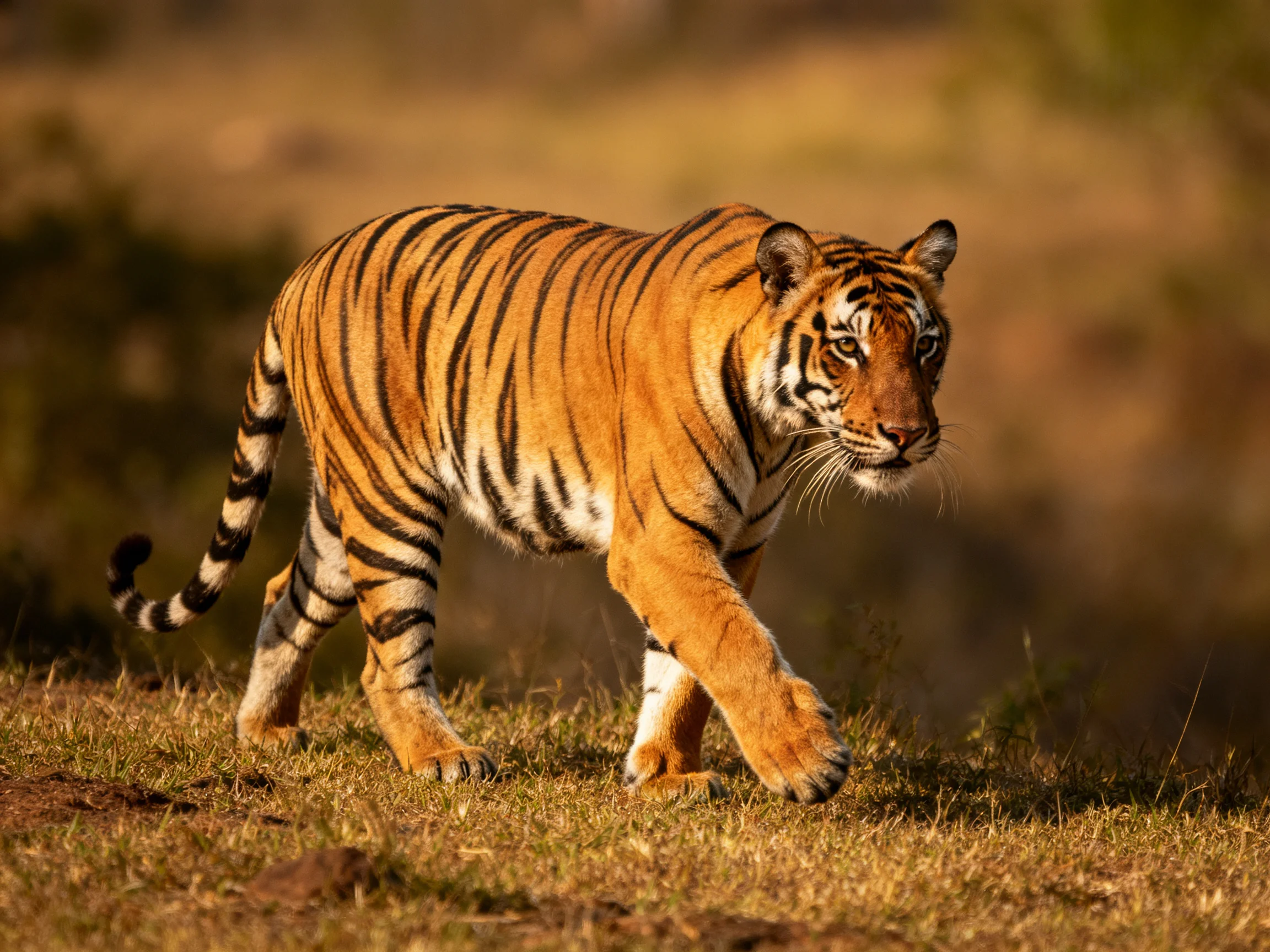 A majestic orange tiger with bold black stripes walks through sunlit grass