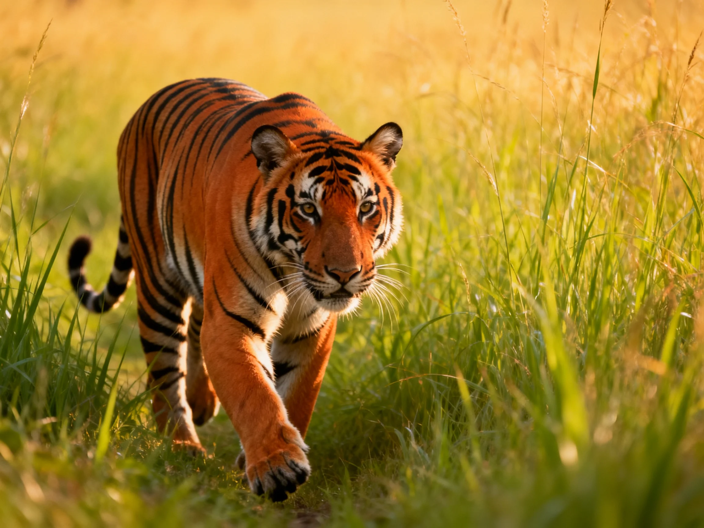 A majestic orange tiger with bold black stripes walks through tall green grass