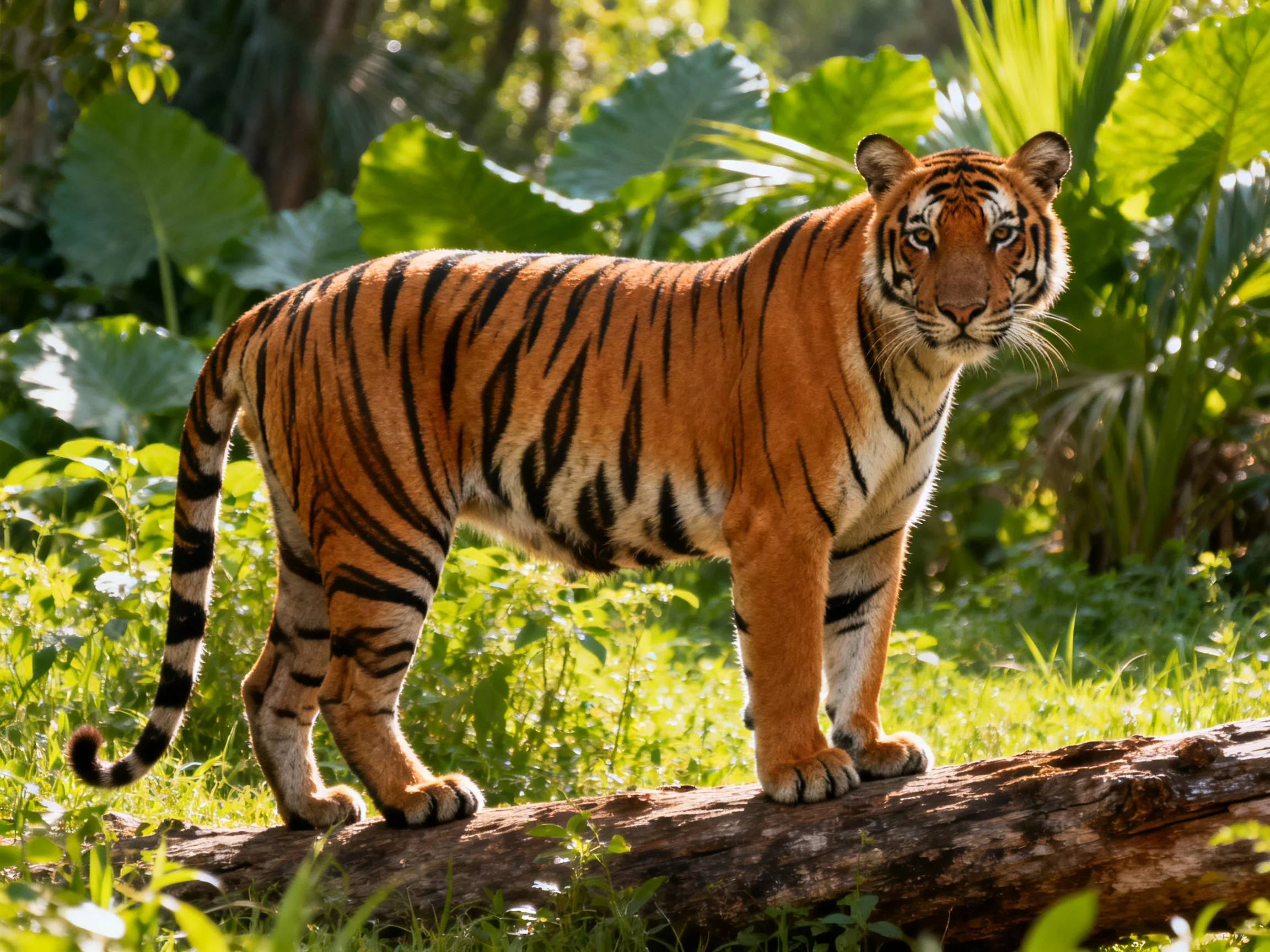 A majestic orange tiger with bold stripes stands on a log in lush greenery