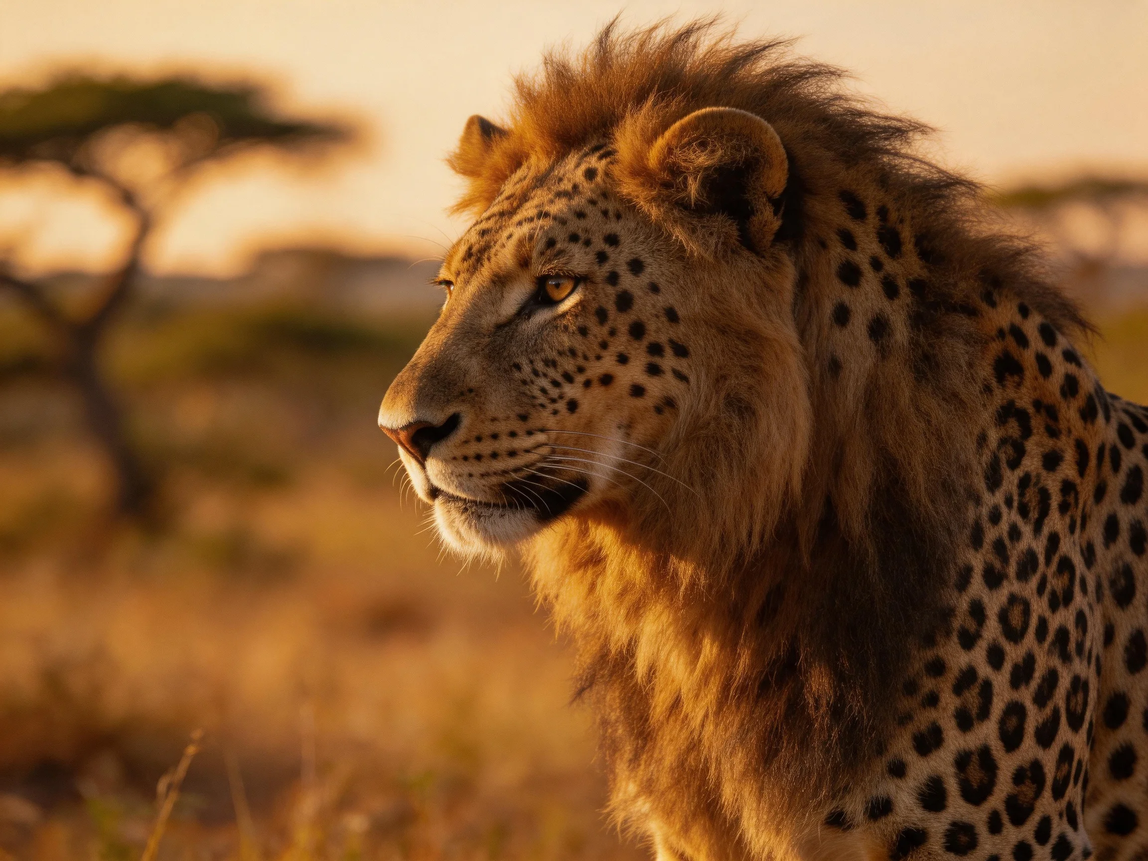 A close - up of a large spotted feline with a thick mane in a sunlit savannah.