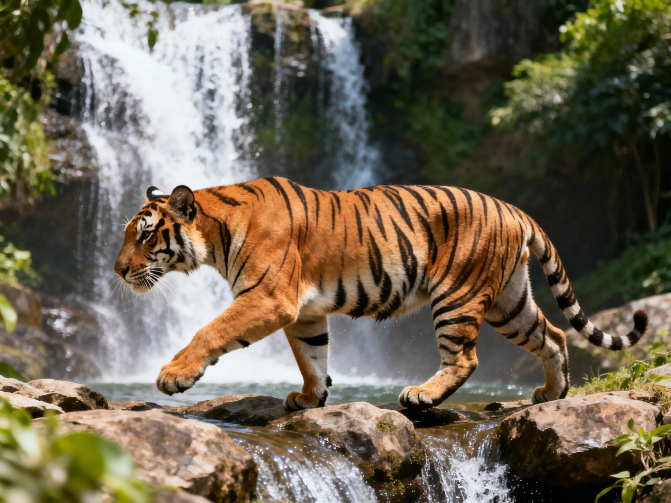 A tiger walks across rocks beside a waterfall in a lush environment.