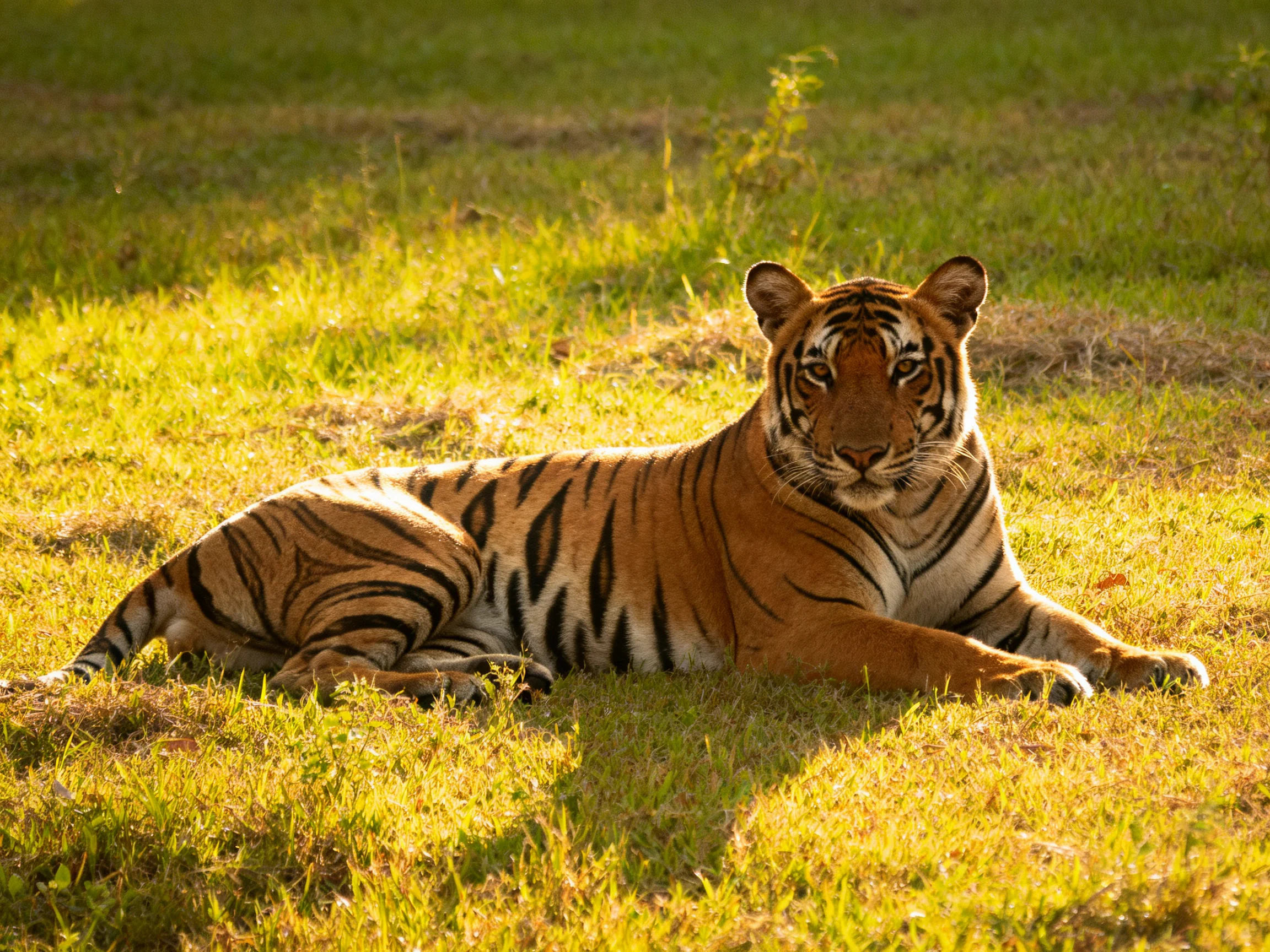 A tiger rests calmly on sunlit grass, displaying its bold striped pattern