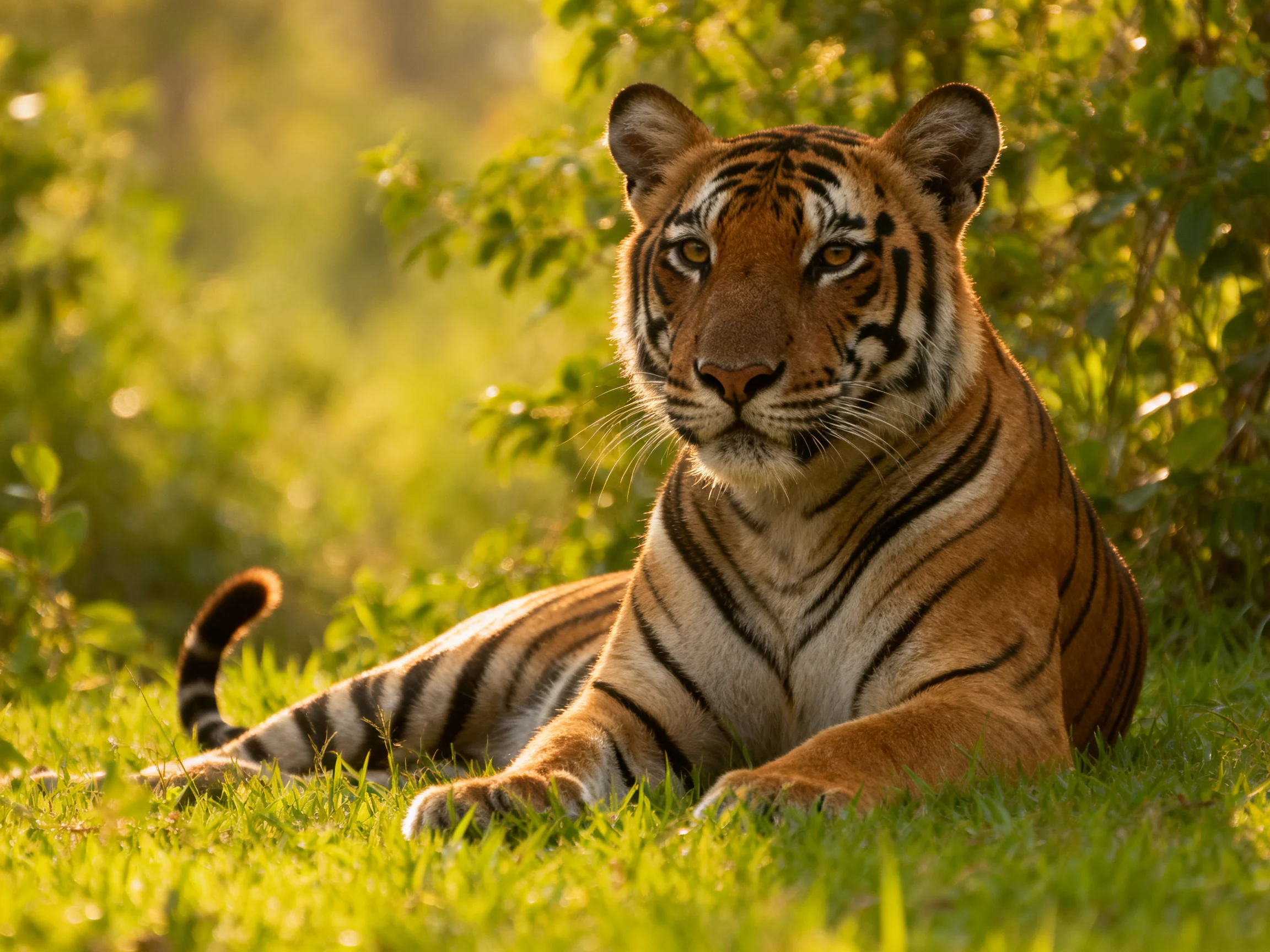 A tiger relaxes on grass in a sunlit, leafy natural setting.