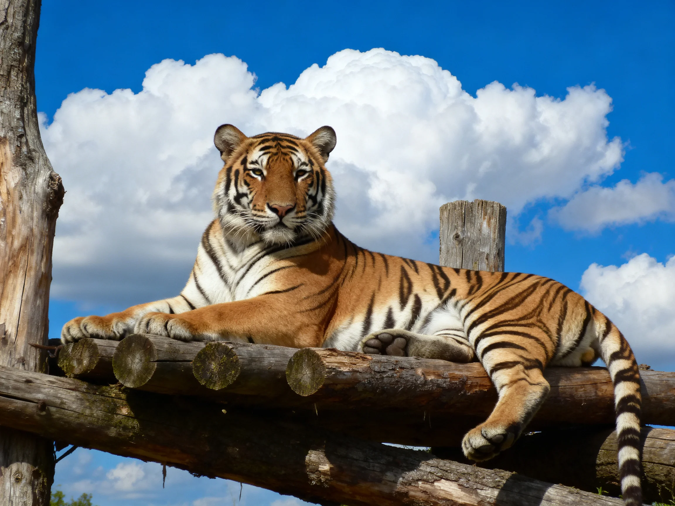 A tiger relaxes on wooden logs against a backdrop of blue sky and white clouds