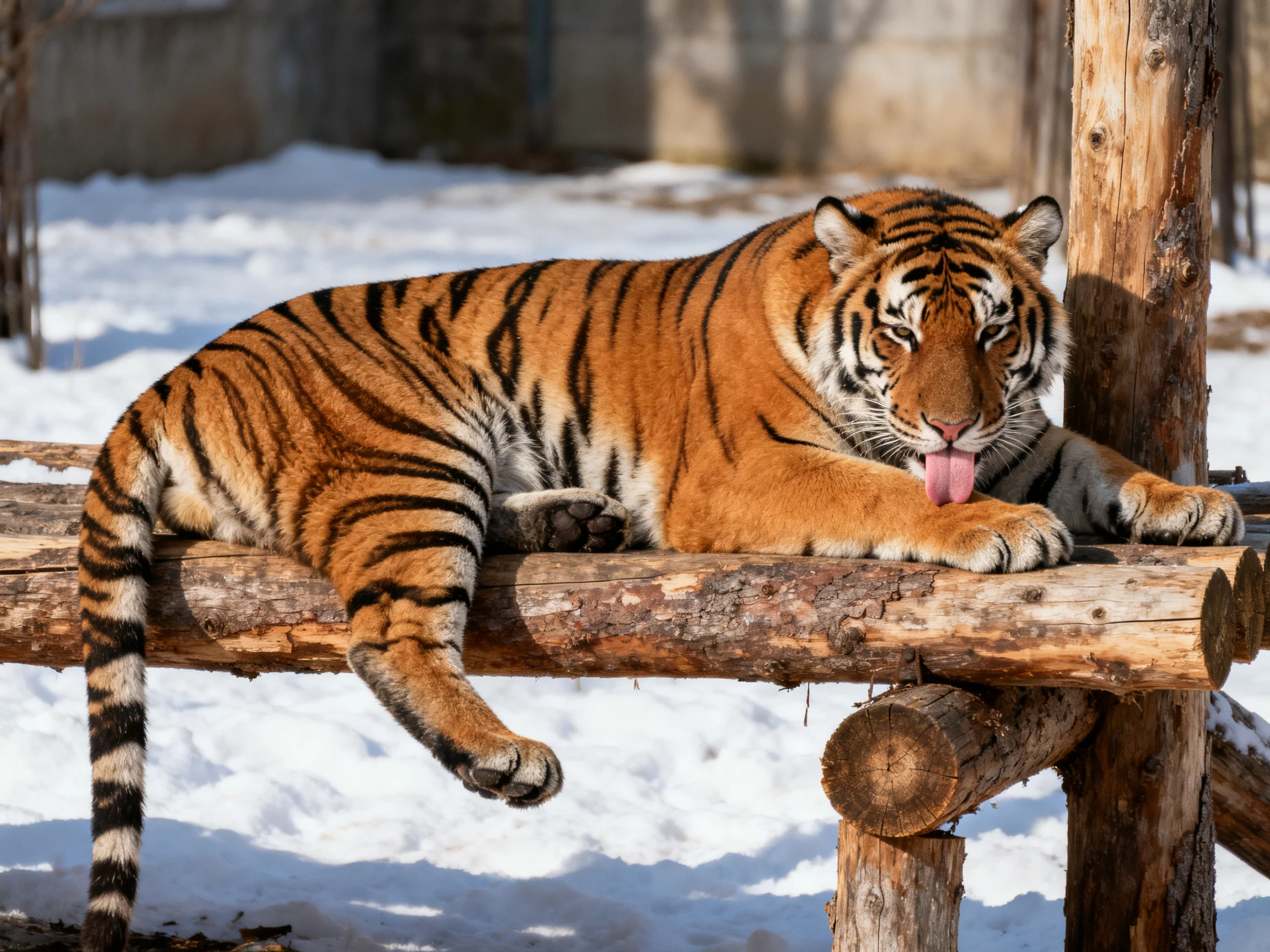 A tiger relaxes on wooden logs in a snowy environment.