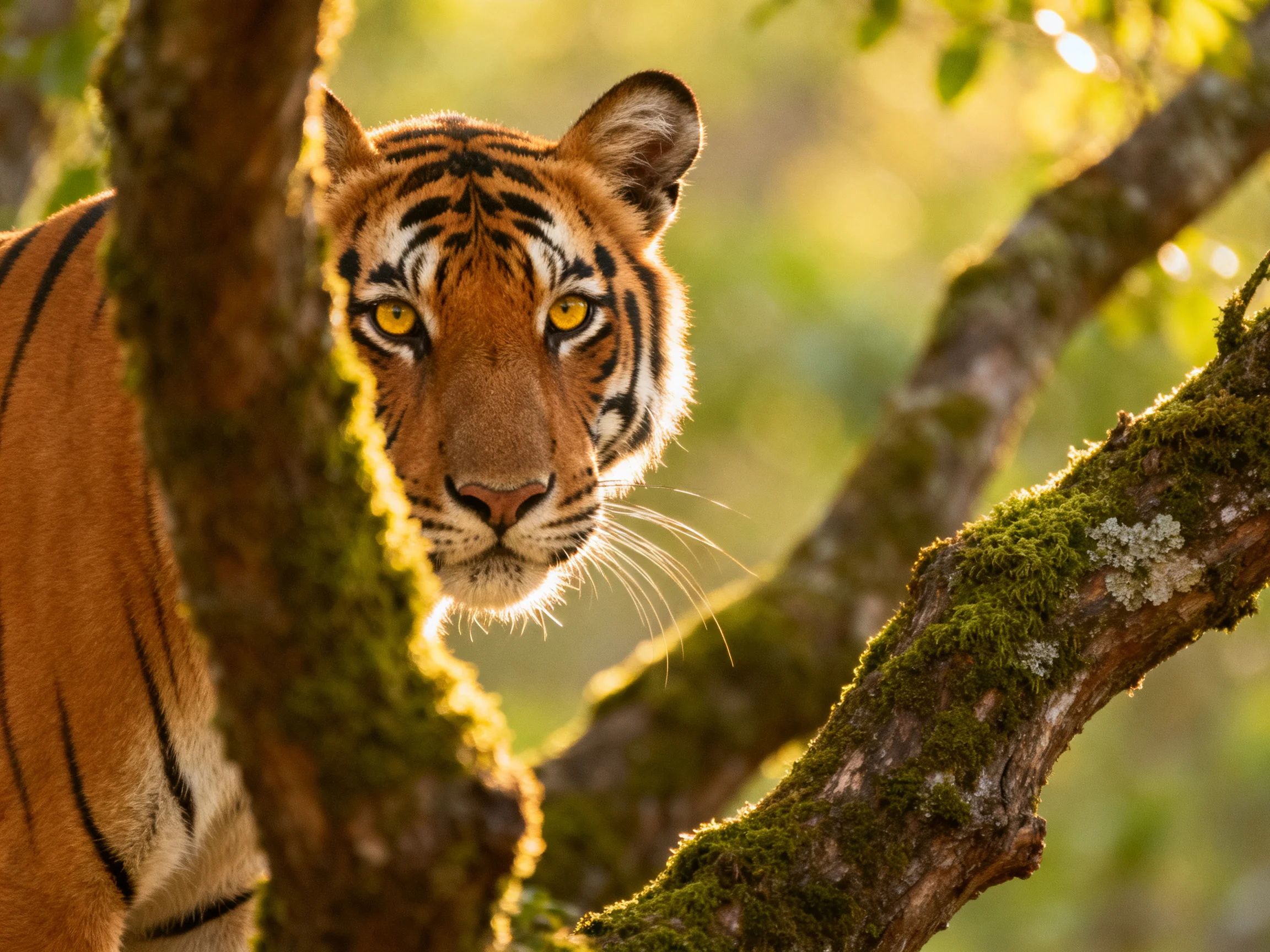 A tiger hides among mossy branches, gazing intently.