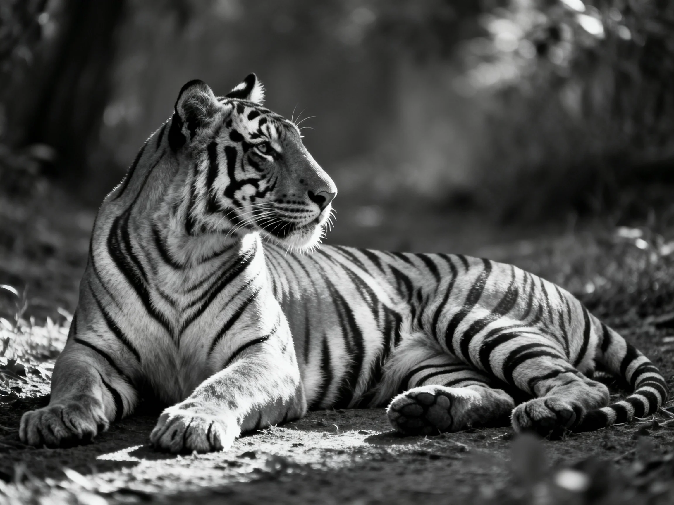 A tiger relaxes on a dirt path with blurred natural surroundings.