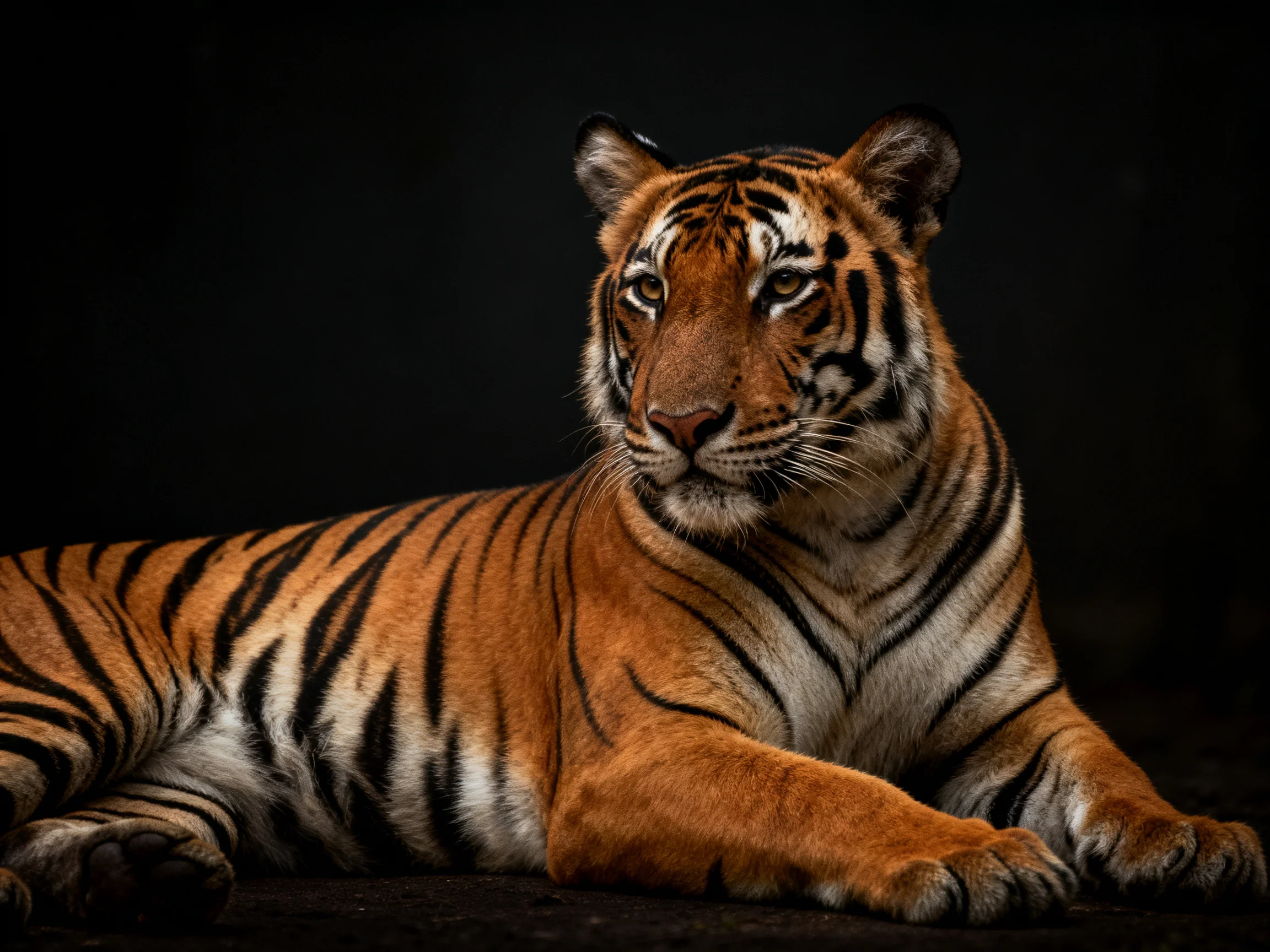 A tiger lies calmly against a dark, unobtrusive backdrop.