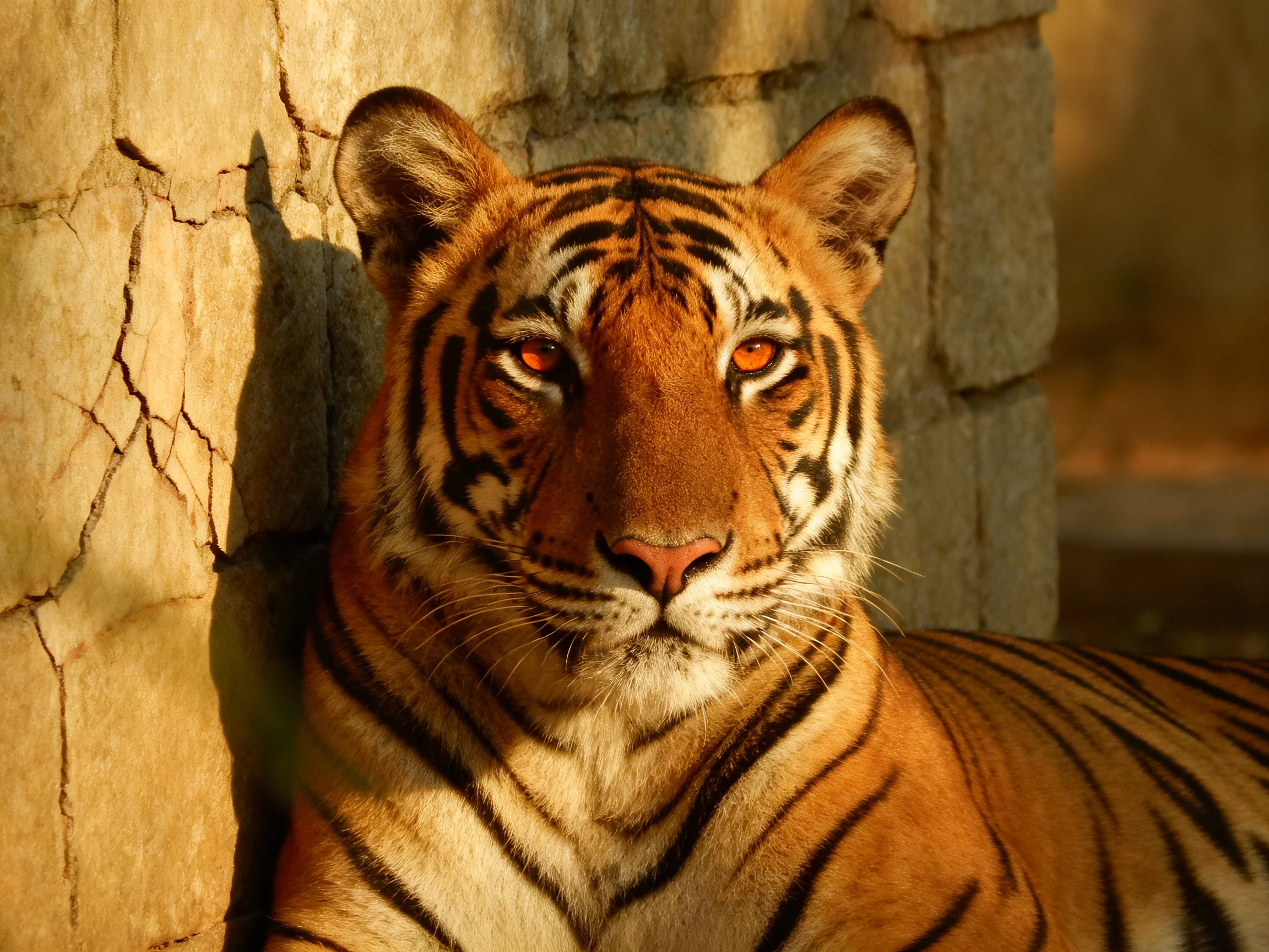 A tiger with orange and black stripes relaxes beside a weathered stone wall.
