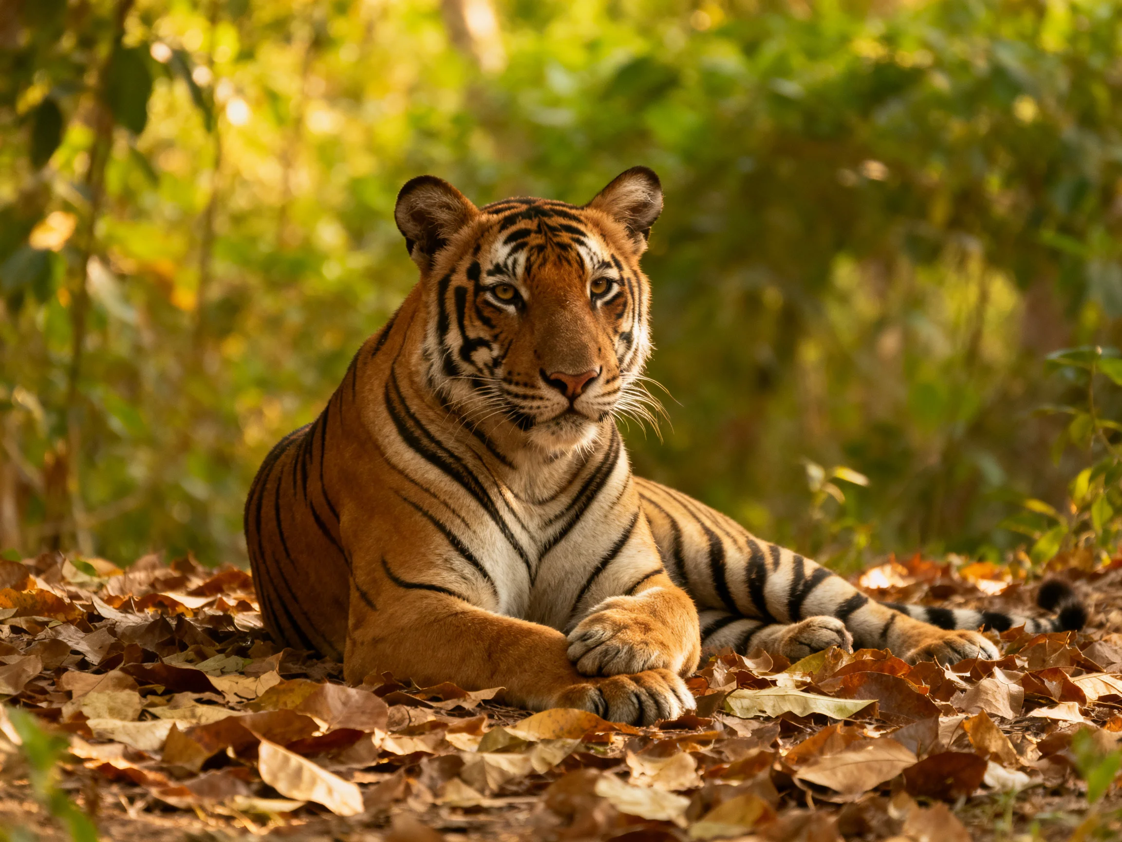 A tiger rests calmly among fallen leaves in a sunlit forest.
