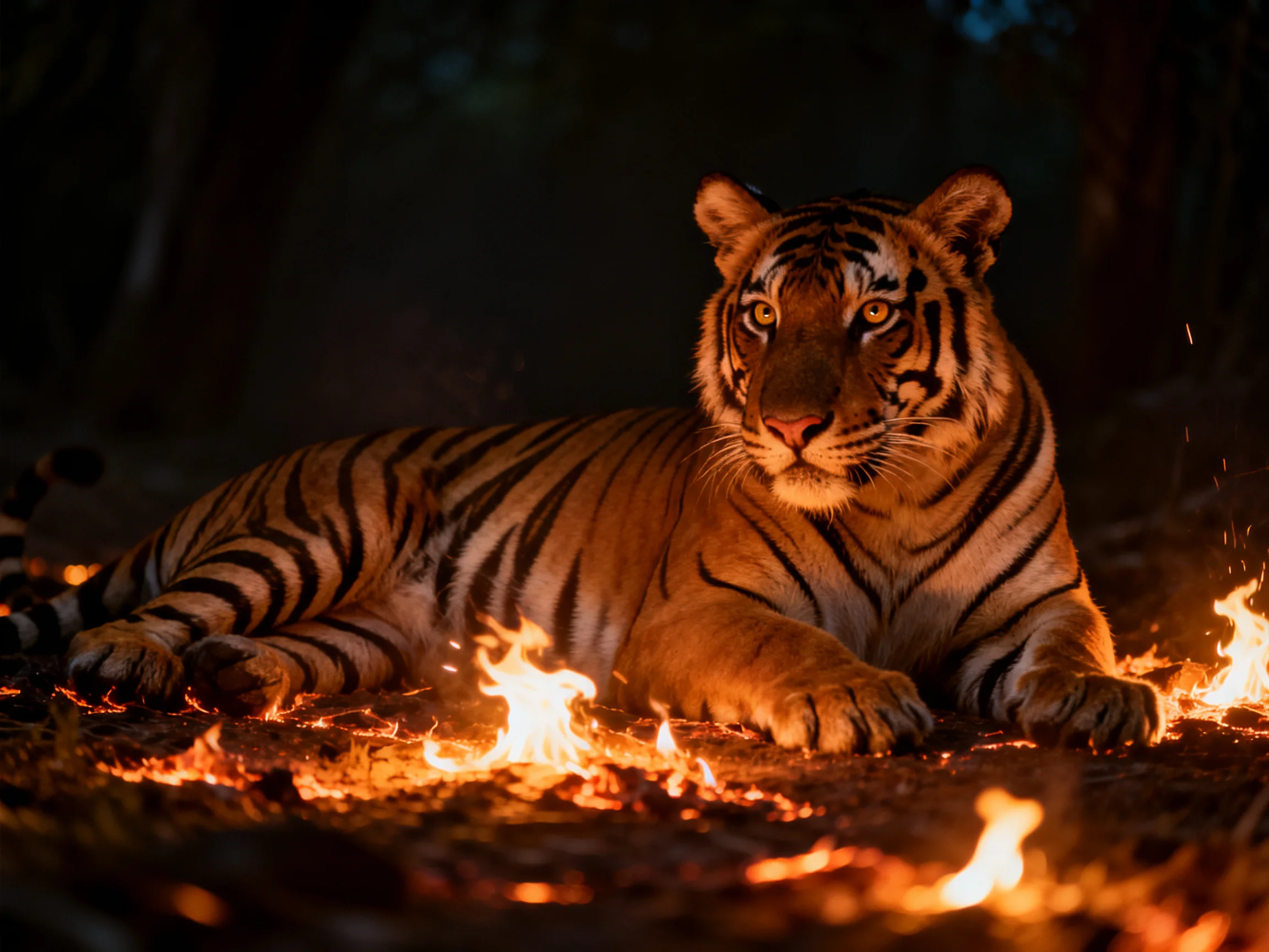 A majestic tiger rests amid glowing embers in a dark forest
