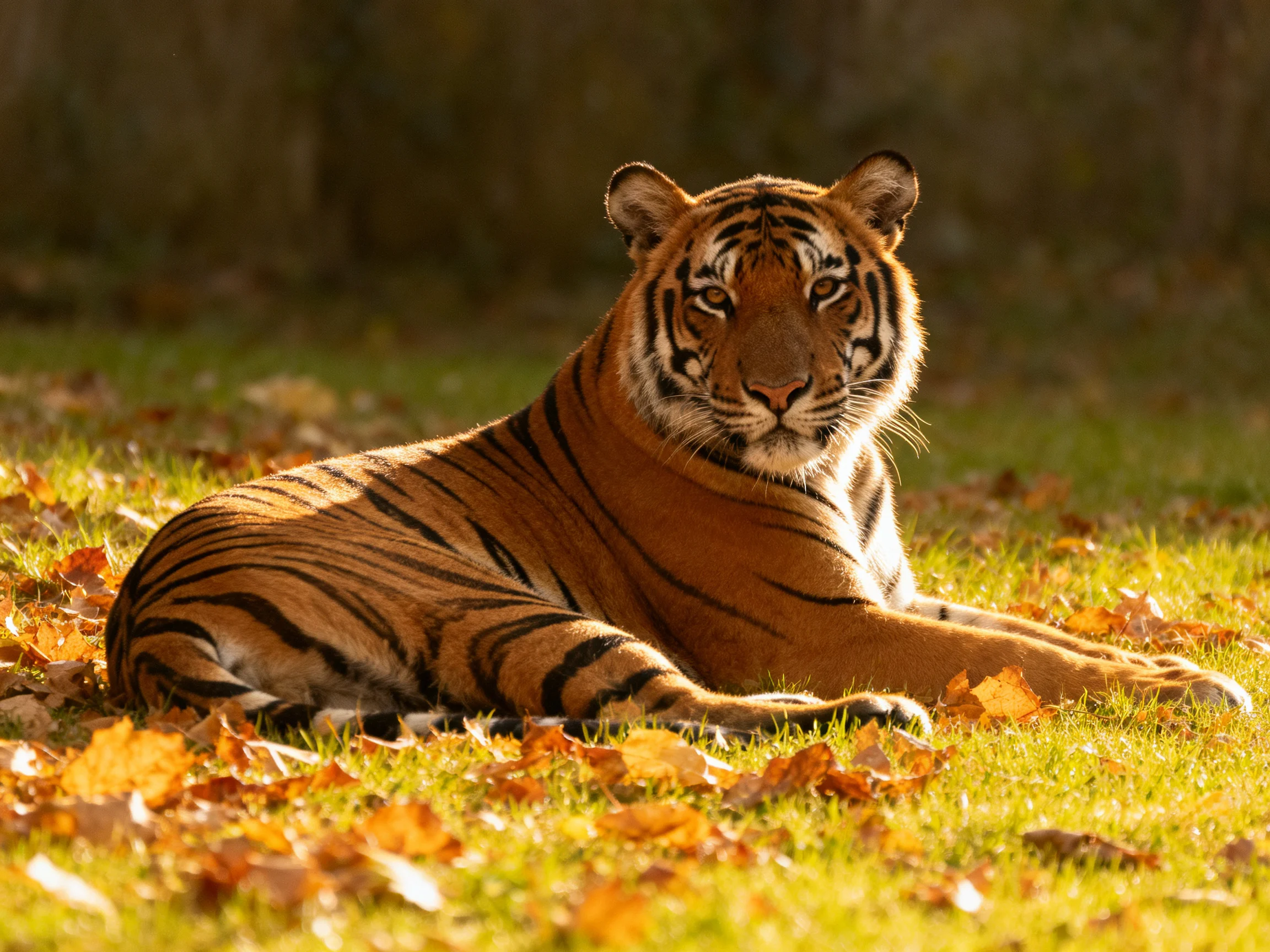 A tiger relaxes among fallen leaves in a sunlit area.