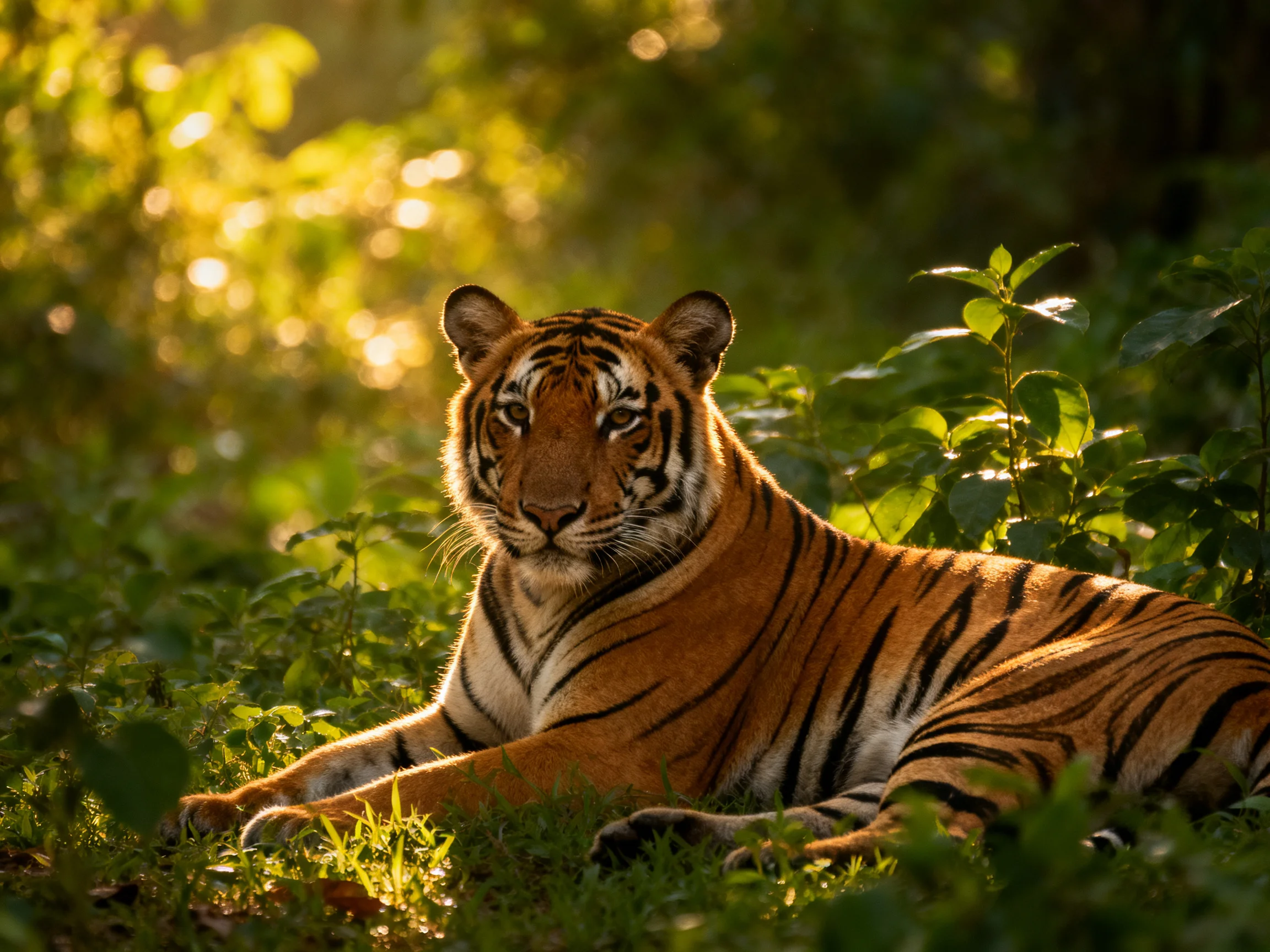 A tiger relaxes in lush vegetation lit by golden sunlight.