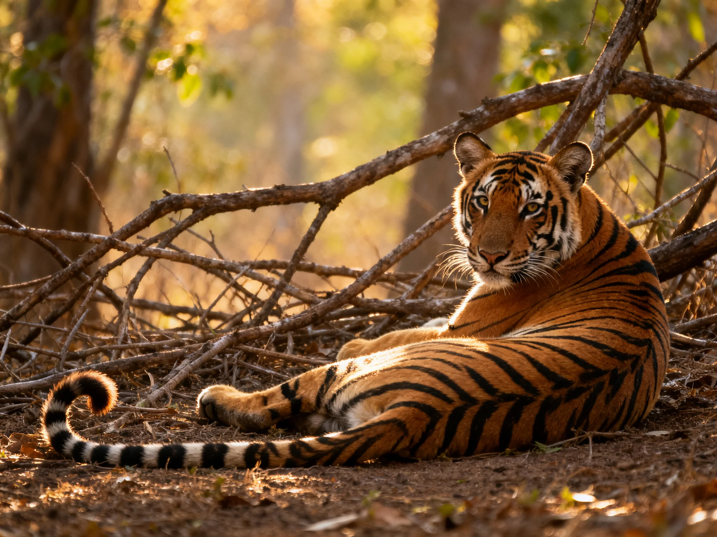 A tiger lies among branches in a sunlit forest environment.
