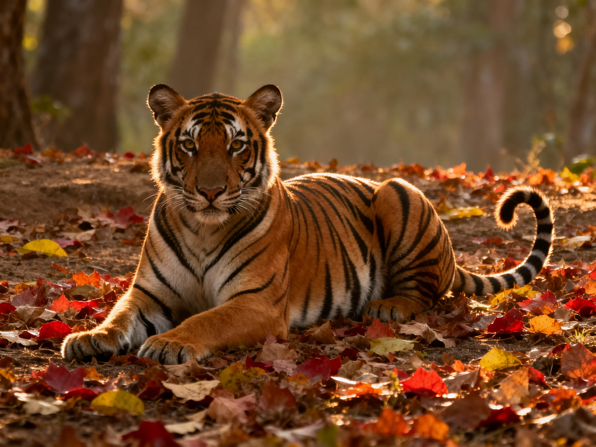 A tiger rests among colorful fallen leaves in a sunlit forest.