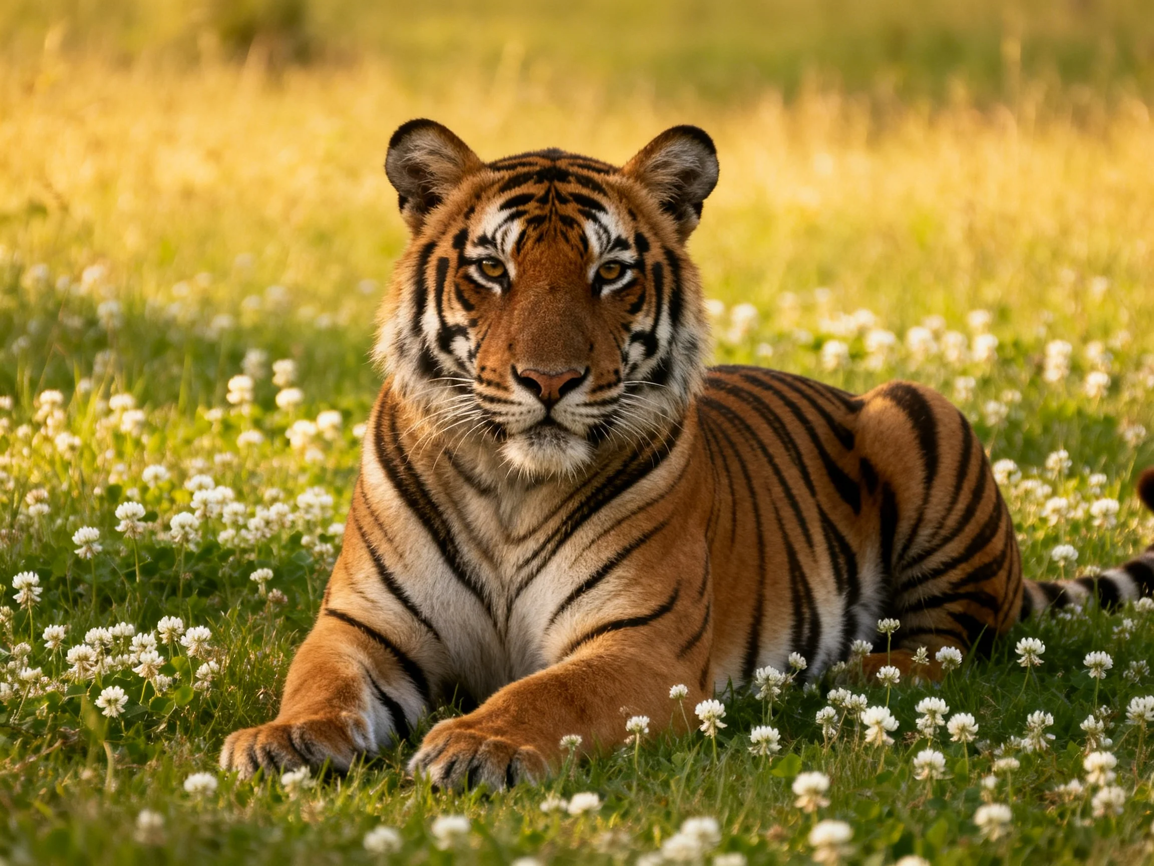 A tiger lies calmly among white flowers in a sunlit meadow.
