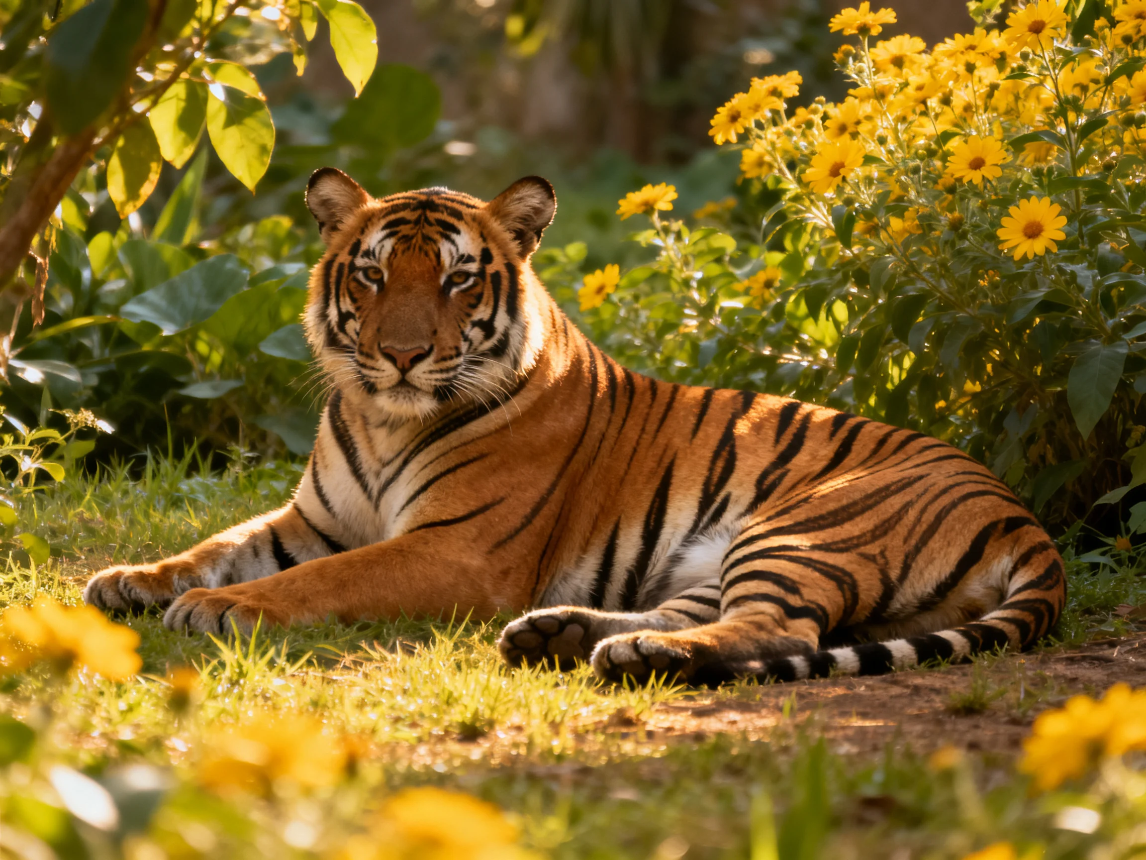 A tiger relaxes in a garden filled with yellow flowers and greenery.