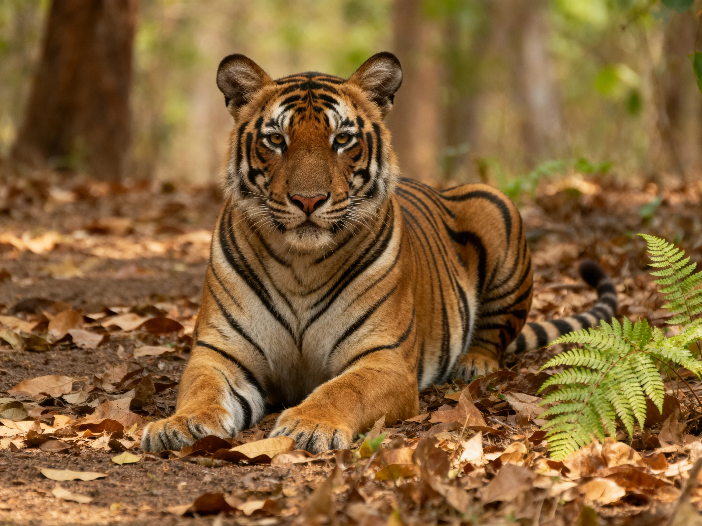 A tiger rests peacefully among leaves and ferns in the forest