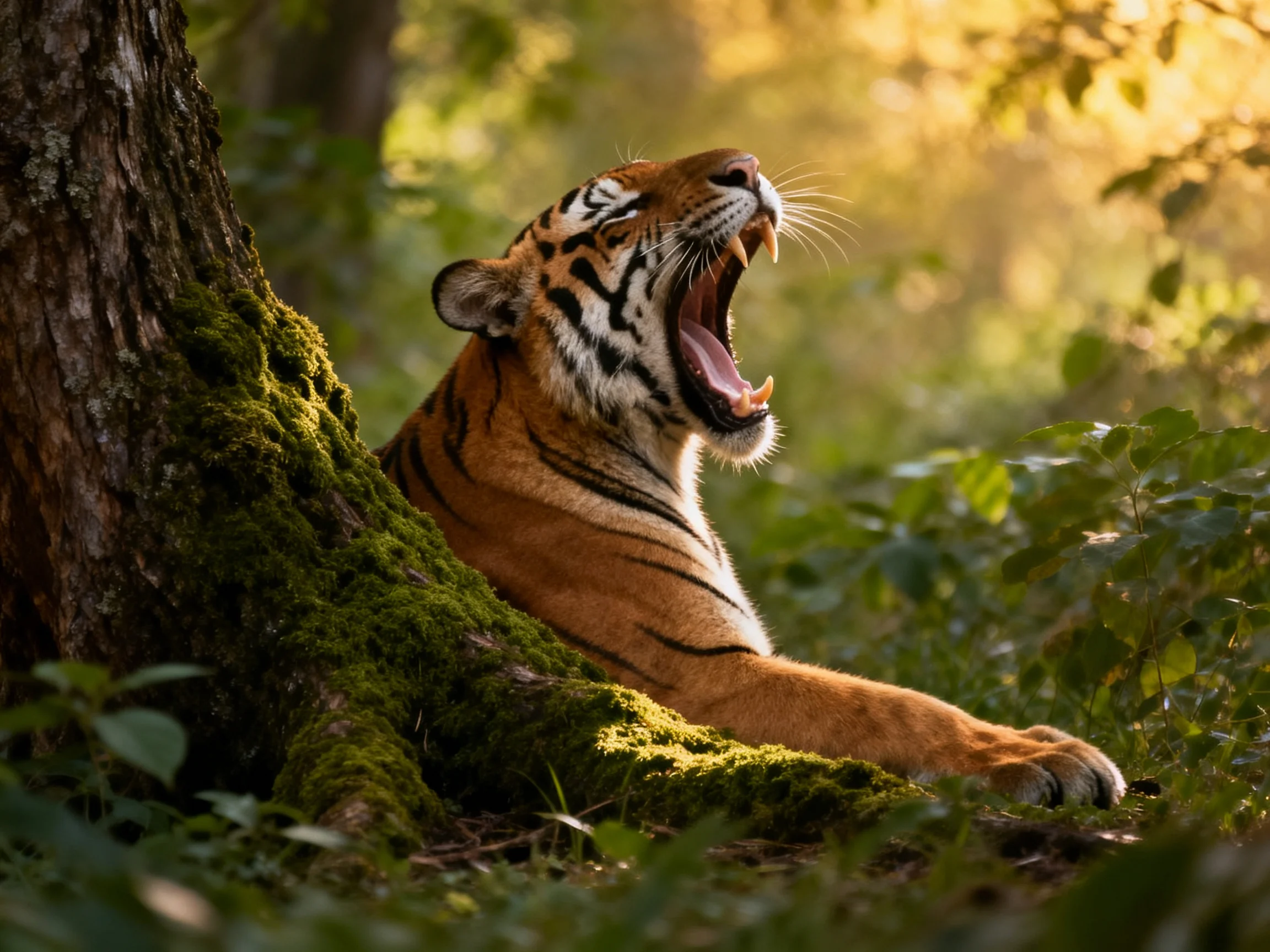 A tiger yawns while resting near a mossy tree in a sunlit forest.