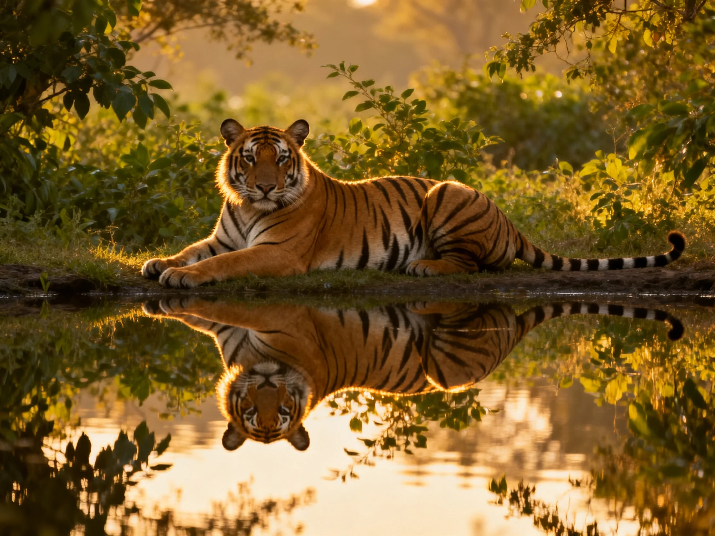 A tiger lies near water, its reflection mirrored in the still surface.
