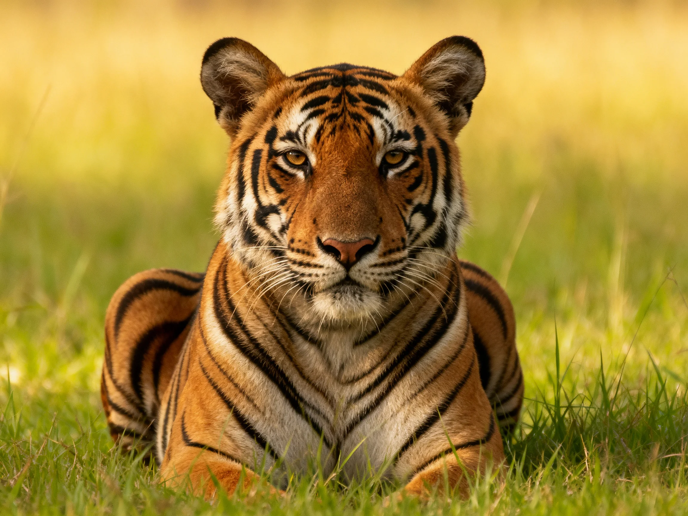A tiger sits serenely among tall green grass, displaying its bold striped pattern.
