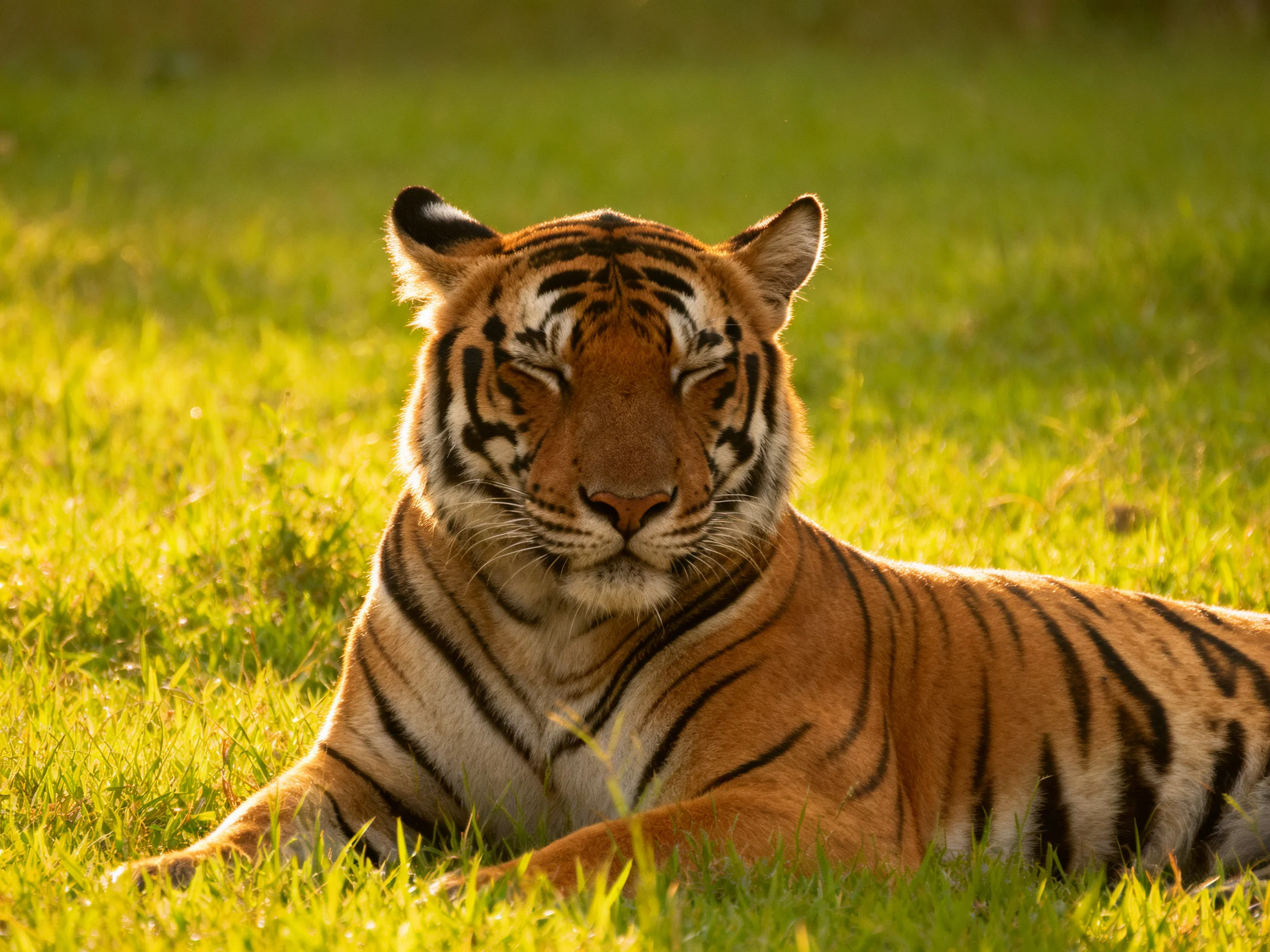 A majestic tiger rests in sun-drenched green grass