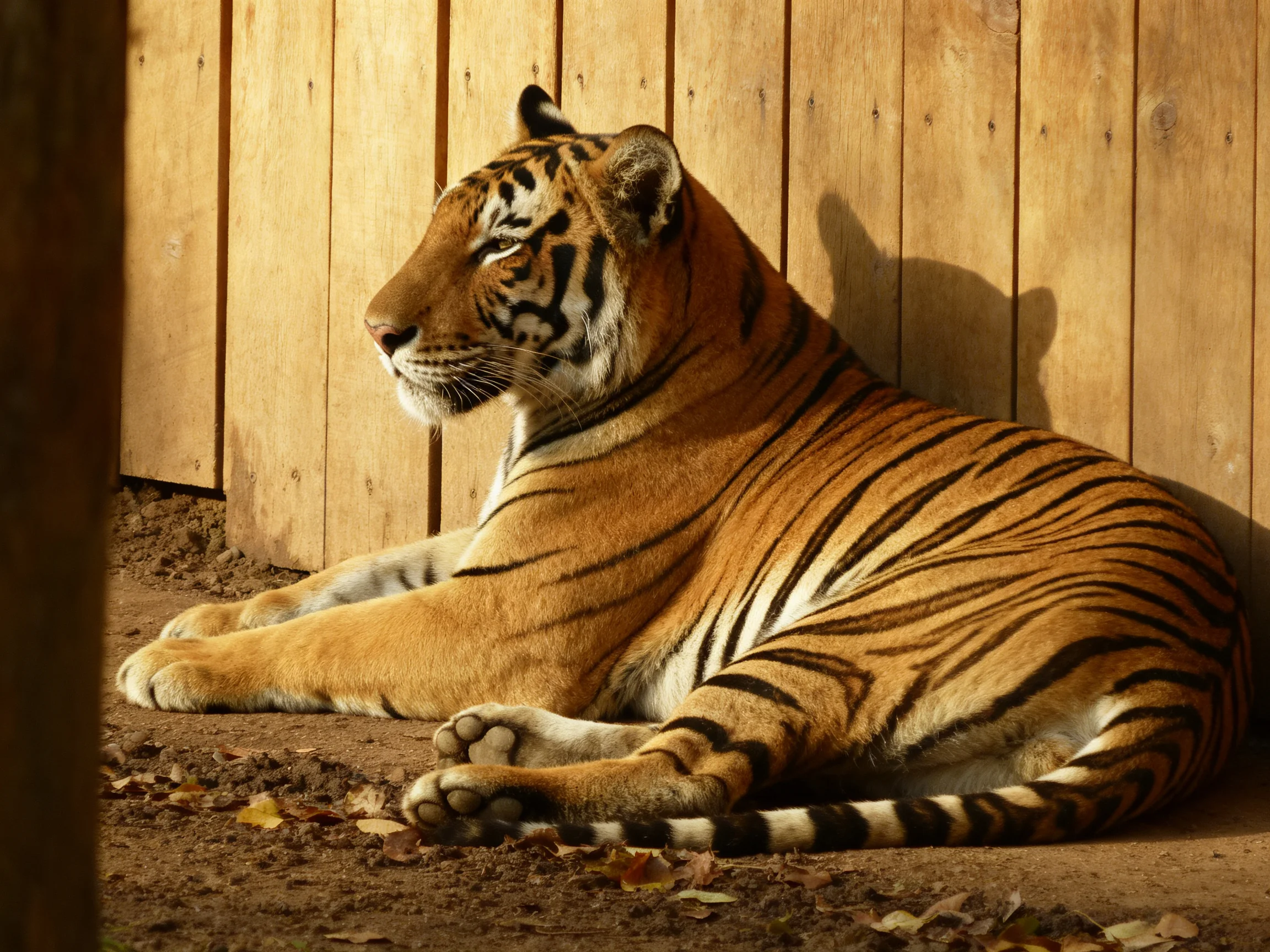 A tiger relaxes beside a wooden fence in a sunlit area.
