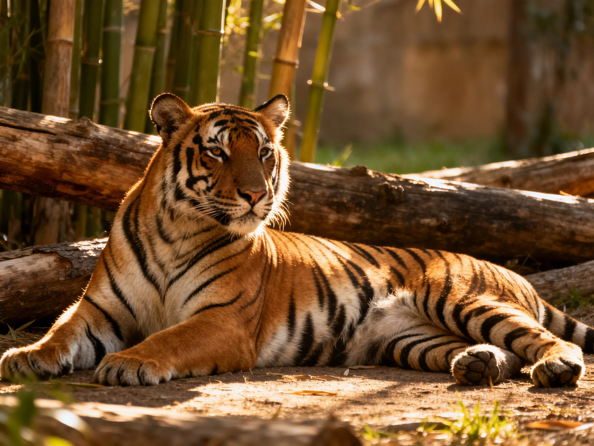A majestic tiger rests near logs and bamboo under golden sunlight