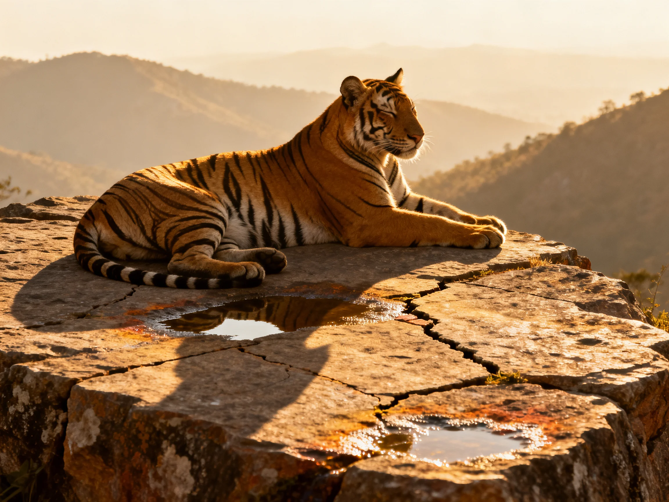 A majestic tiger rests on a cracked stone ledge amid golden-hued mountainous terrain