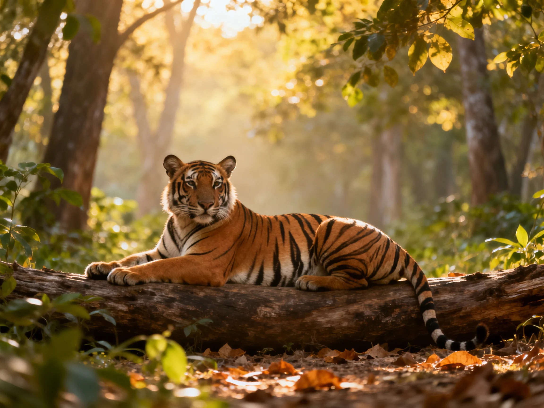 A majestic tiger rests on a fallen log amid golden forest light