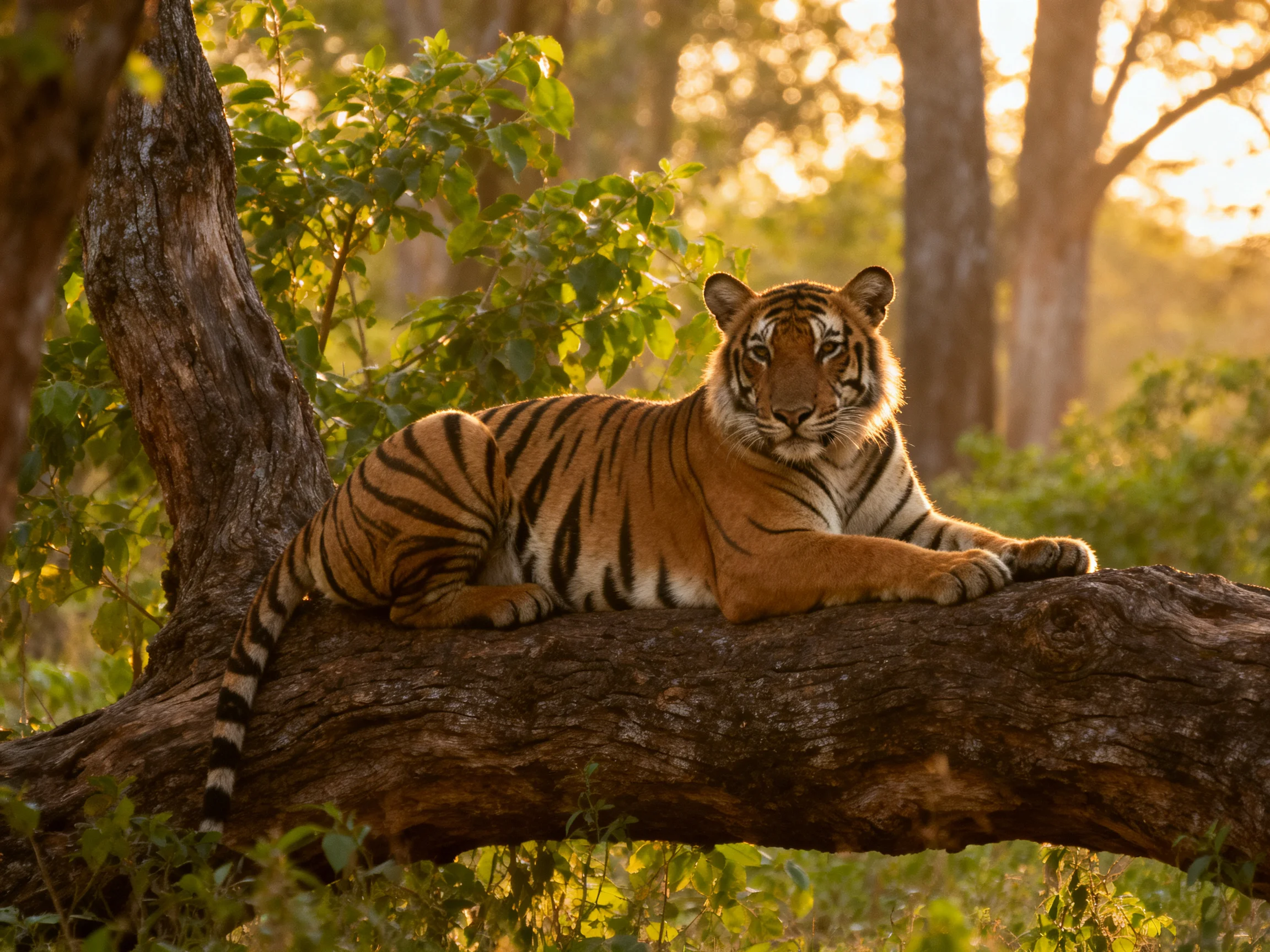 A tiger lounges on a large tree branch in a sun-dappled forest.