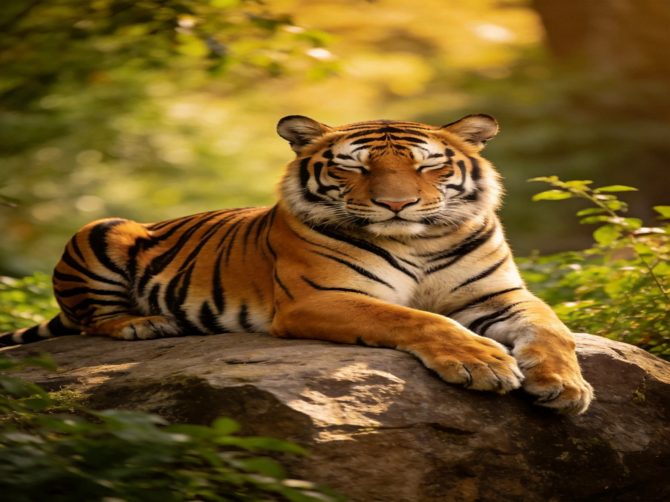 A tiger relaxes on a rock in a sunlit forest setting.