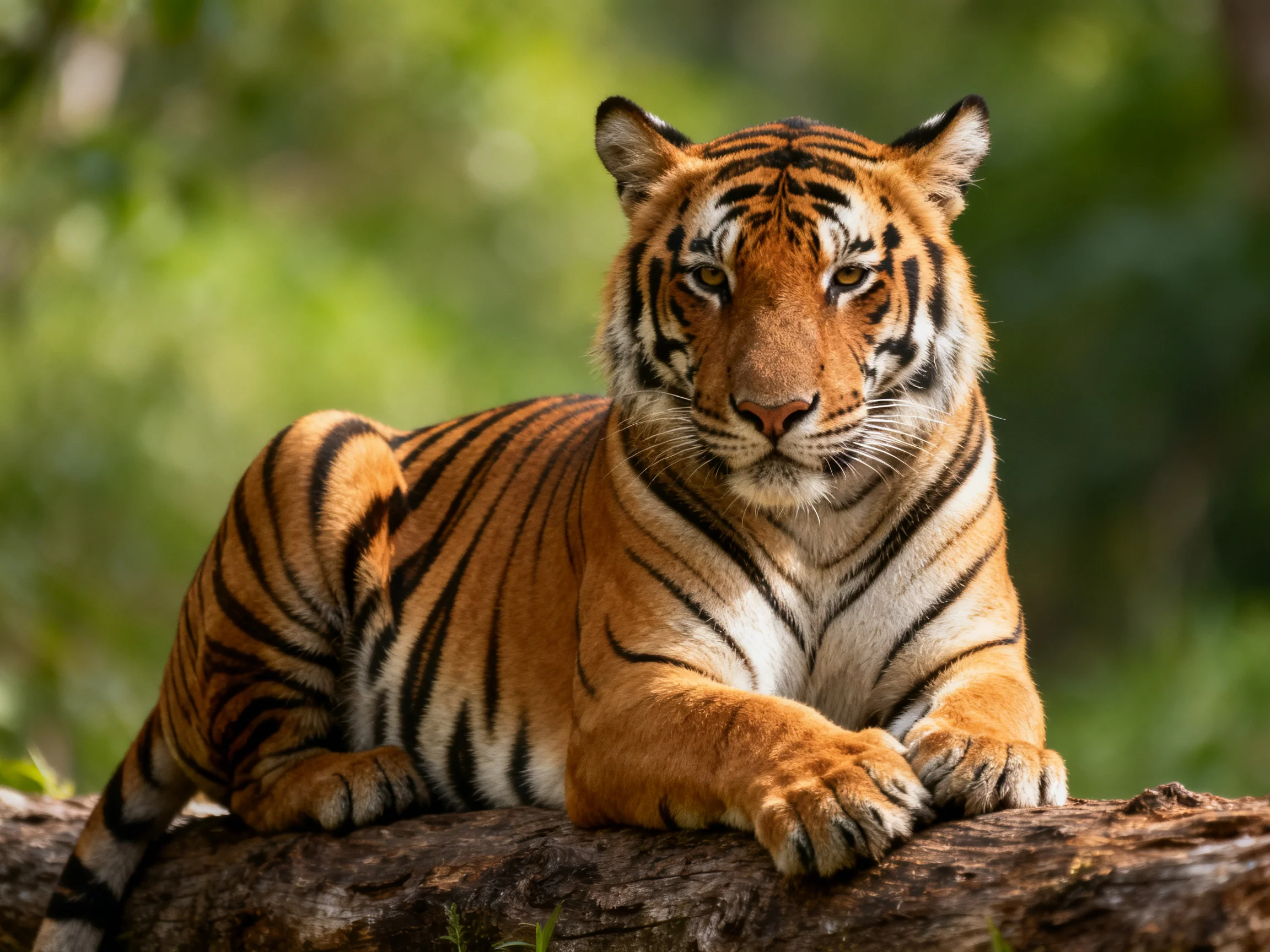 A tiger relaxes on a log in a verdant environment.