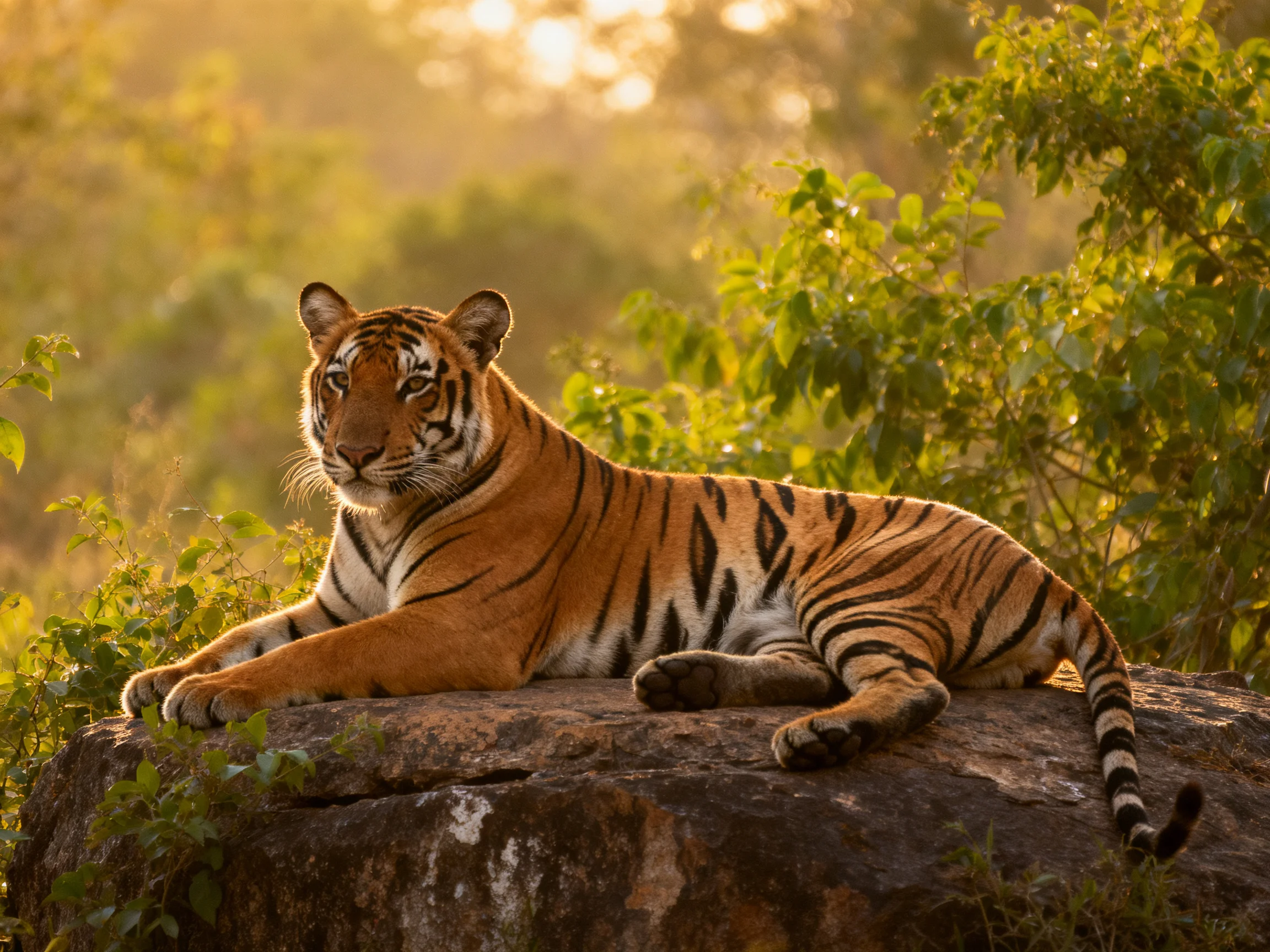 A tiger relaxes on a rock surrounded by dense foliage in a sunlit environment.