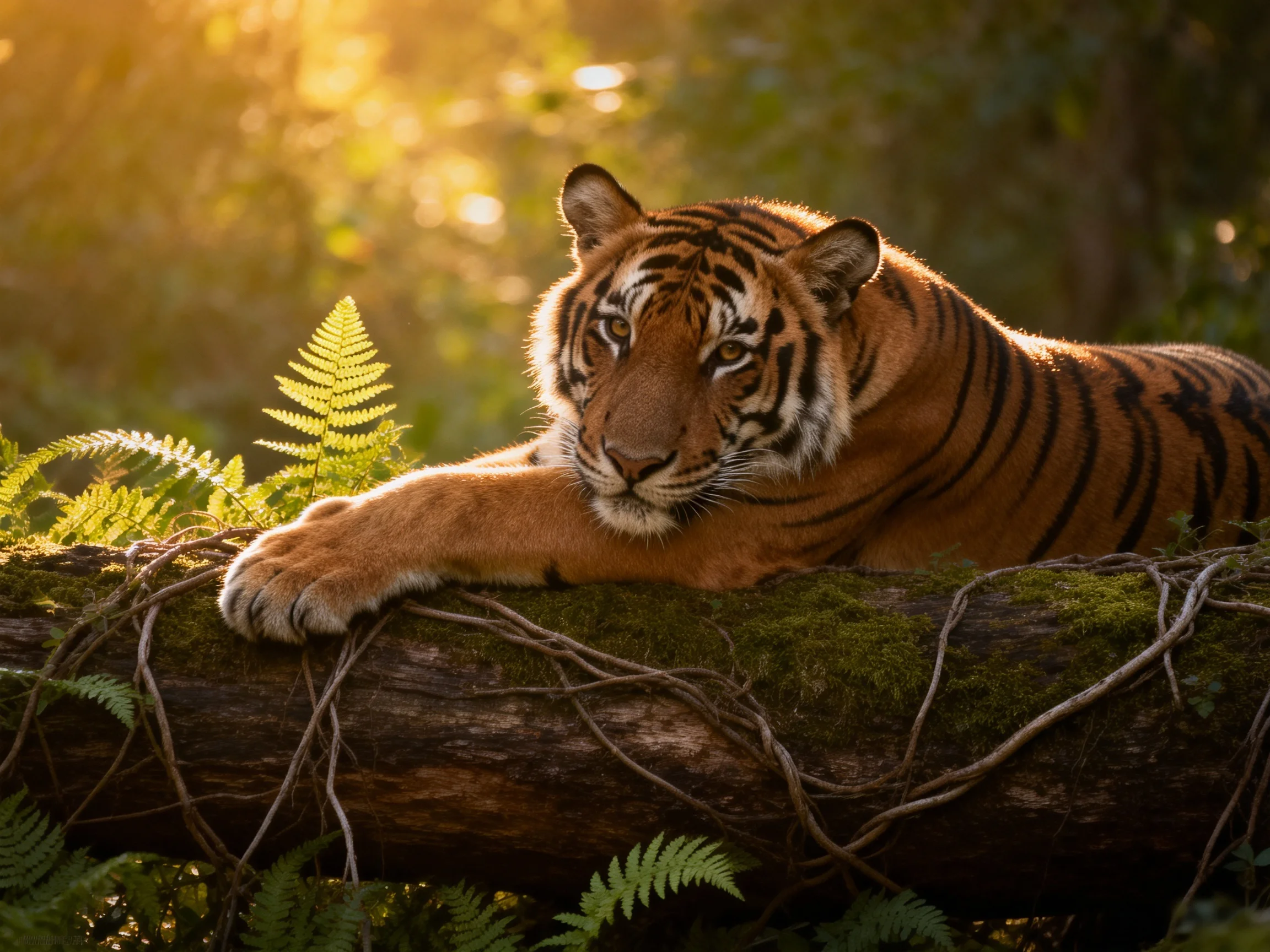 A tiger relaxes on a mossy log in a sunlit forest.