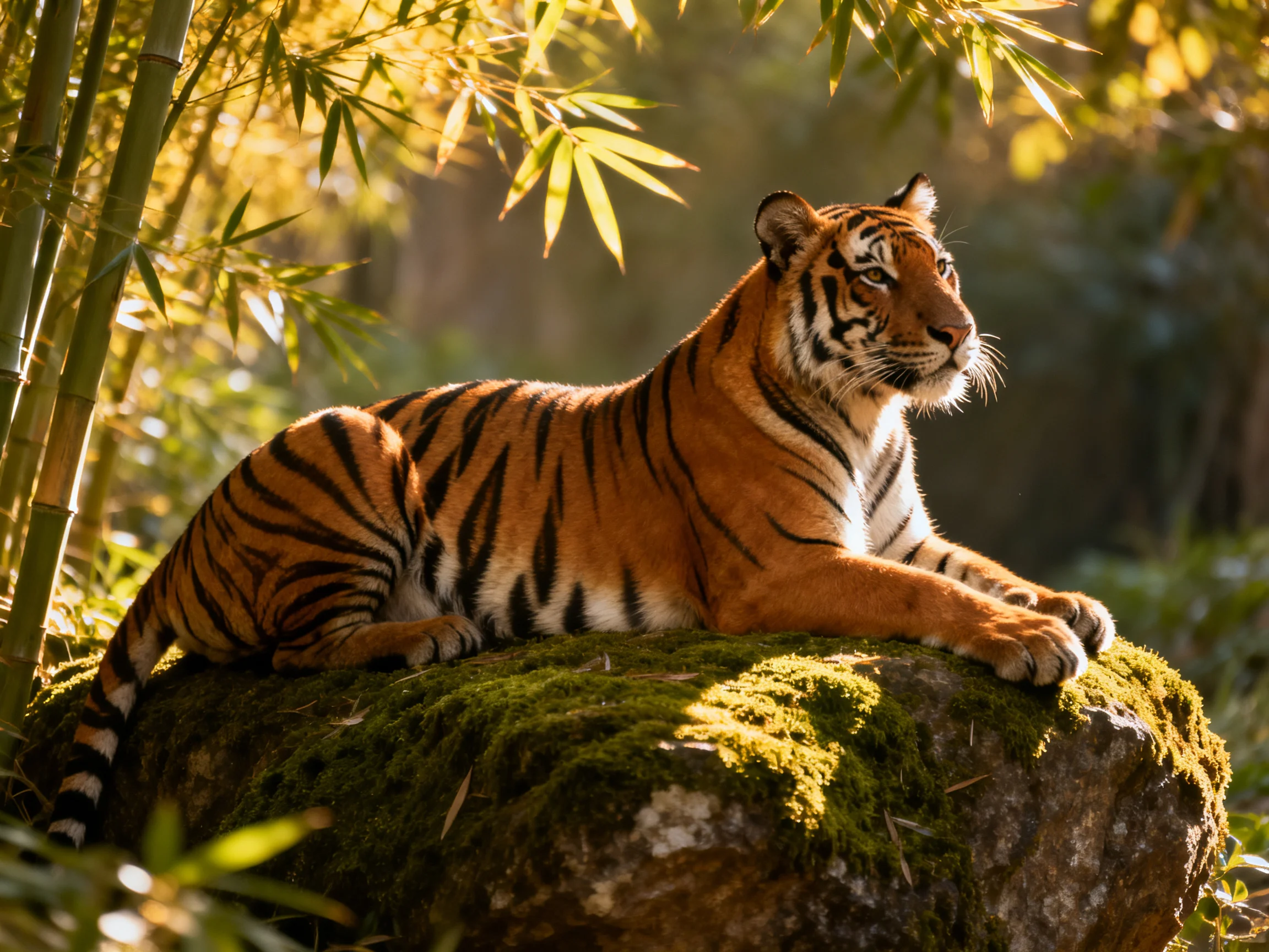 A tiger relaxes on a mossy rock surrounded by bamboo in bright daylight.