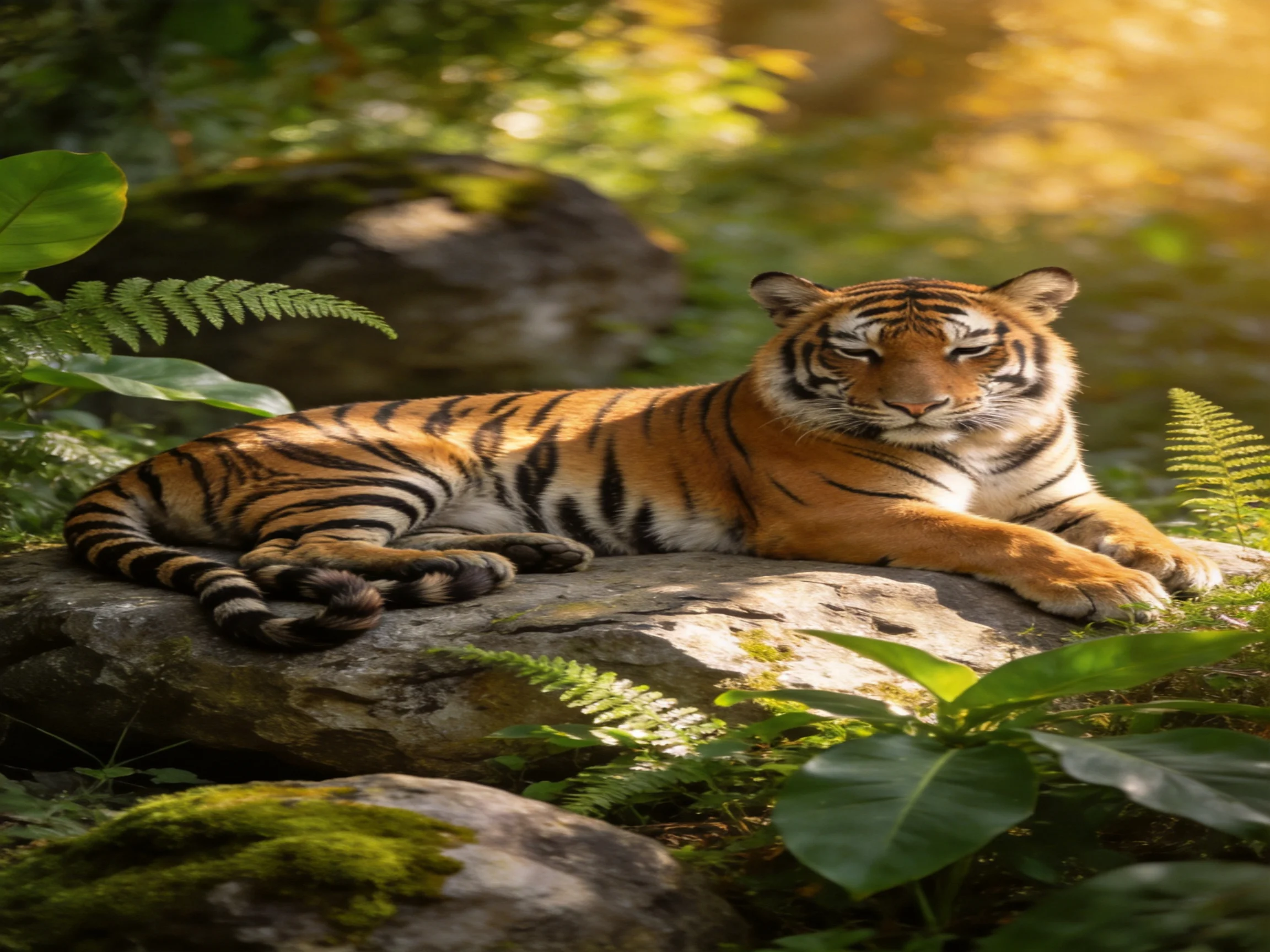 A tiger relaxes on a rock surrounded by greenery in a sun-dappled environment.